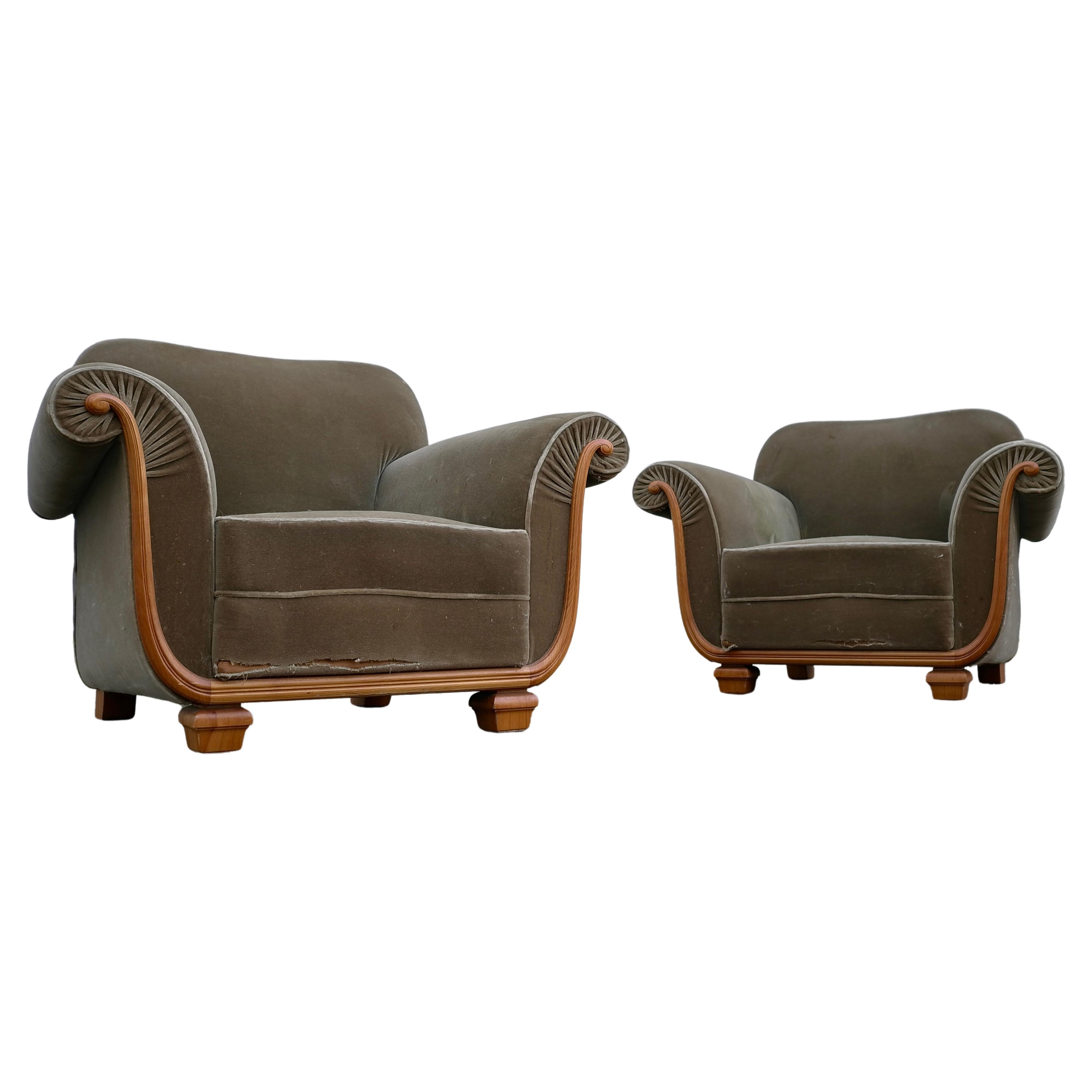Pair of Large Curved art-deco Wood and Velvet Armchairs , France 1935