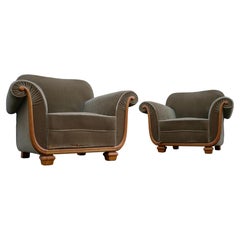 Pair of Large Curved art-deco Wood and Velvet Armchairs , France 1935