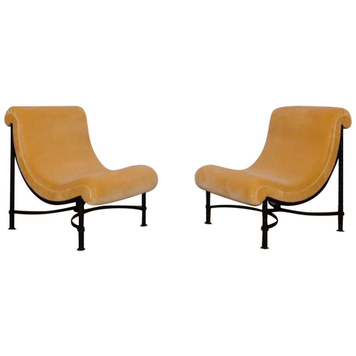 Pair of Large Curved Upholstered Lounge Chairs on Black Metal Bases