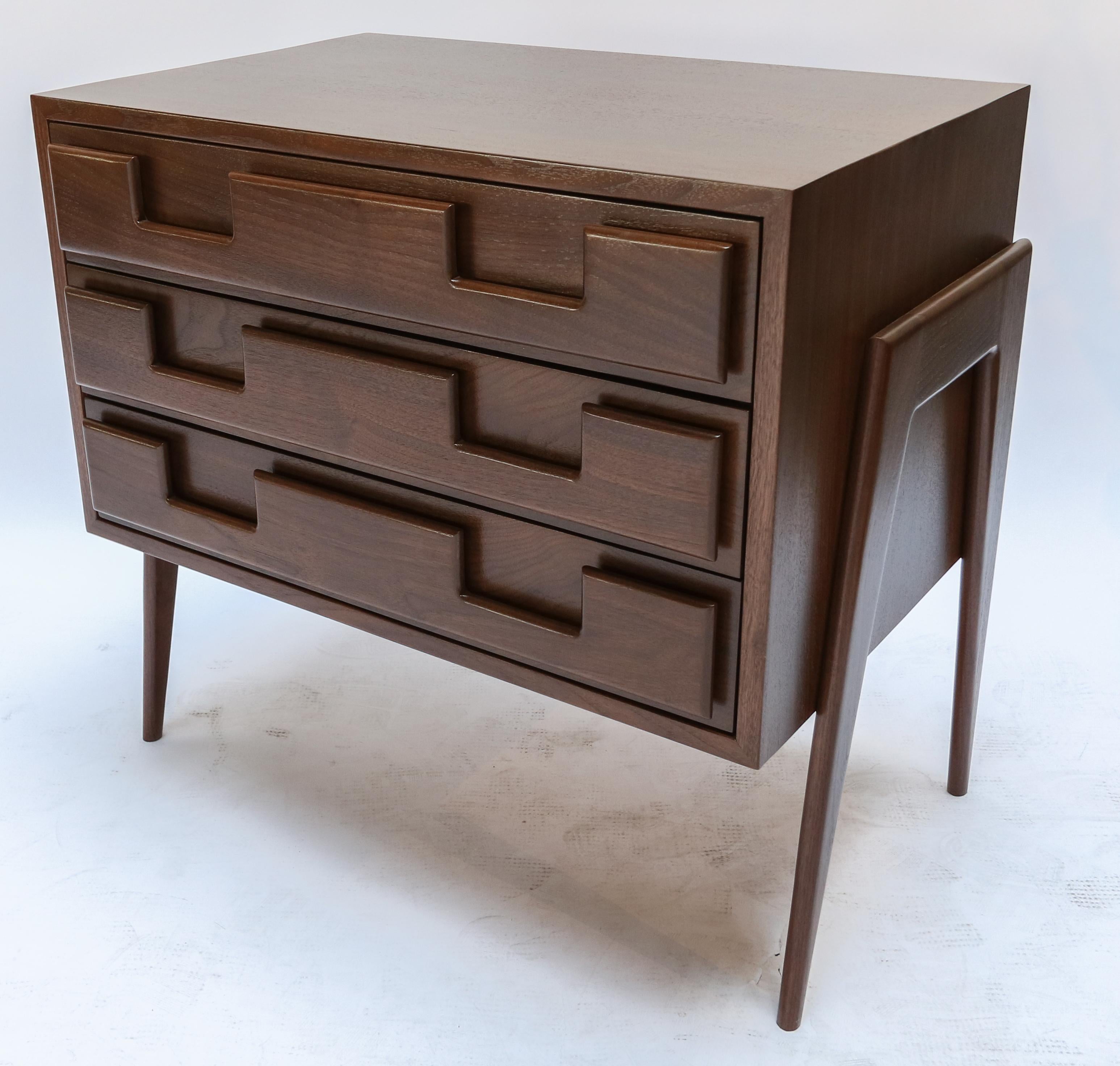 Large custom nightstands American walnut nightstands with midcentury Italian styling with three drawers.  Made in Los Angeles  by Adesso Imports.

Can be done in different finishes and sizes.