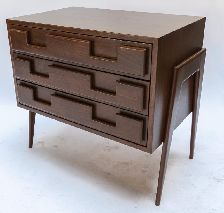 Large custom nightstands walnut nightstands by Adesso Imports with midcentury Italian styling with three drawers.

Can be done in different finishes and sizes.