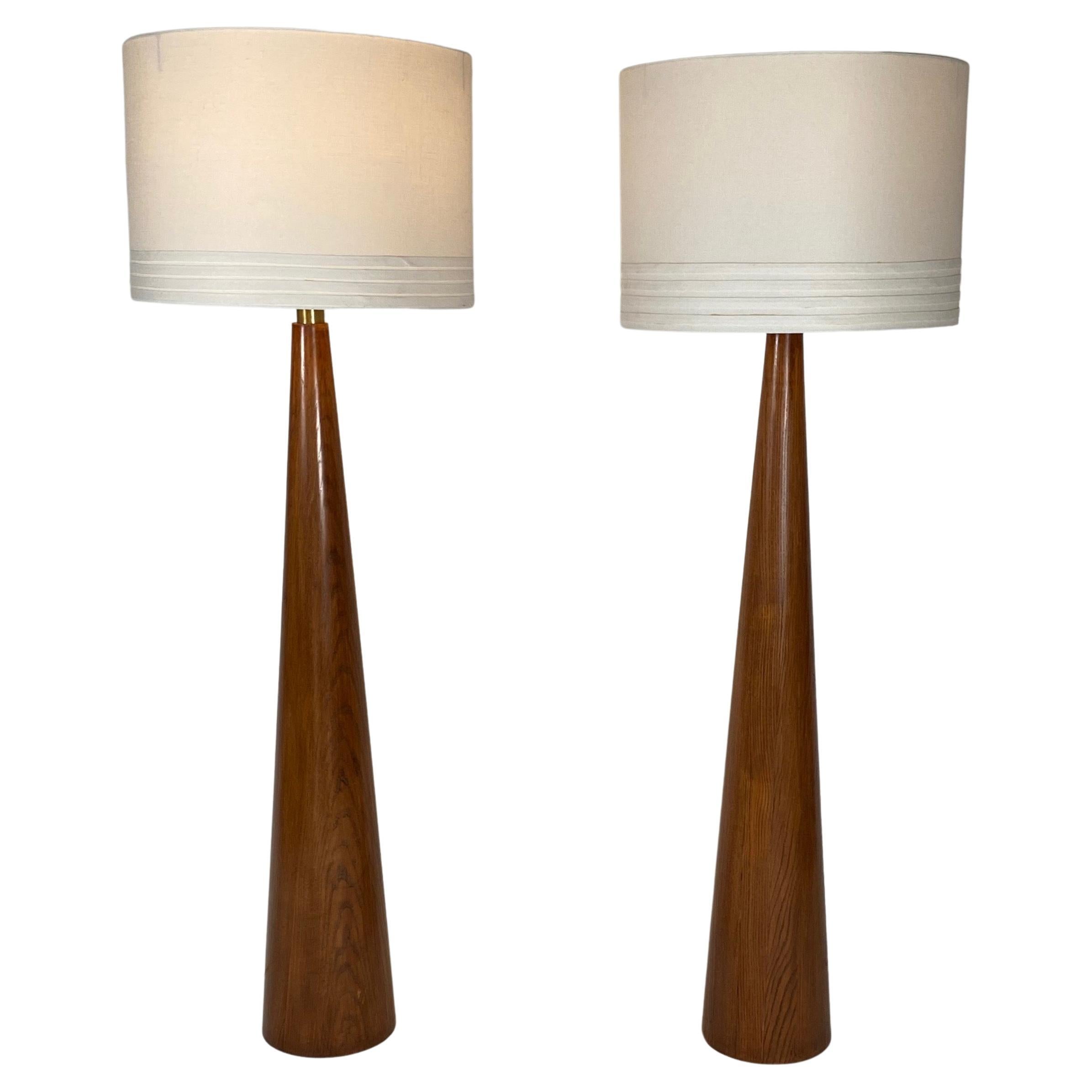 Pair of Large Custom Made Reverse Taper Turned Wood Floor Lamps