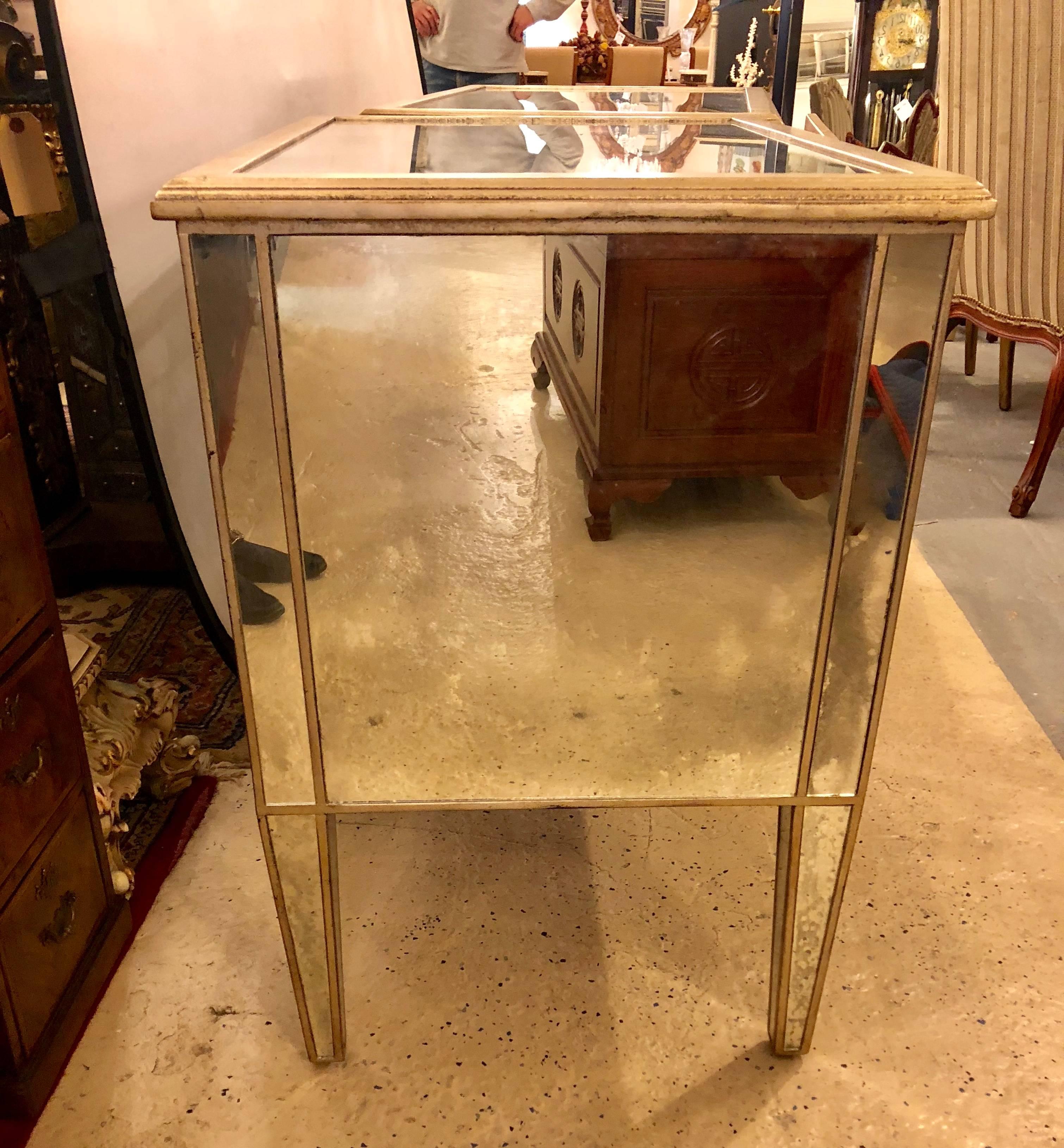 20th Century Pair of Large Custom Three-Drawer Antique Mirrored Nightstands or Commodes