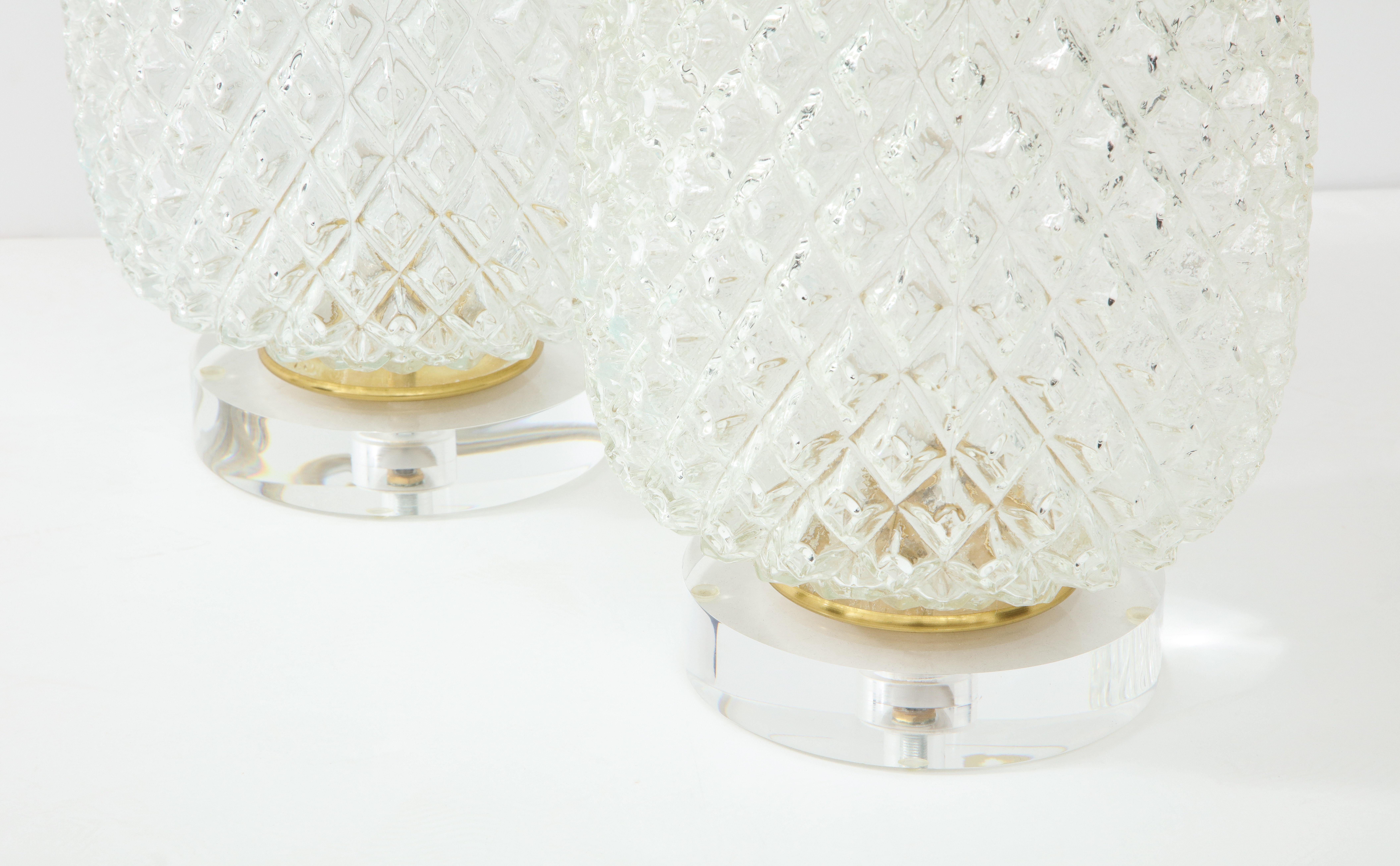 Brass Pair of Large Cut Glass Pineapple Lamps For Sale