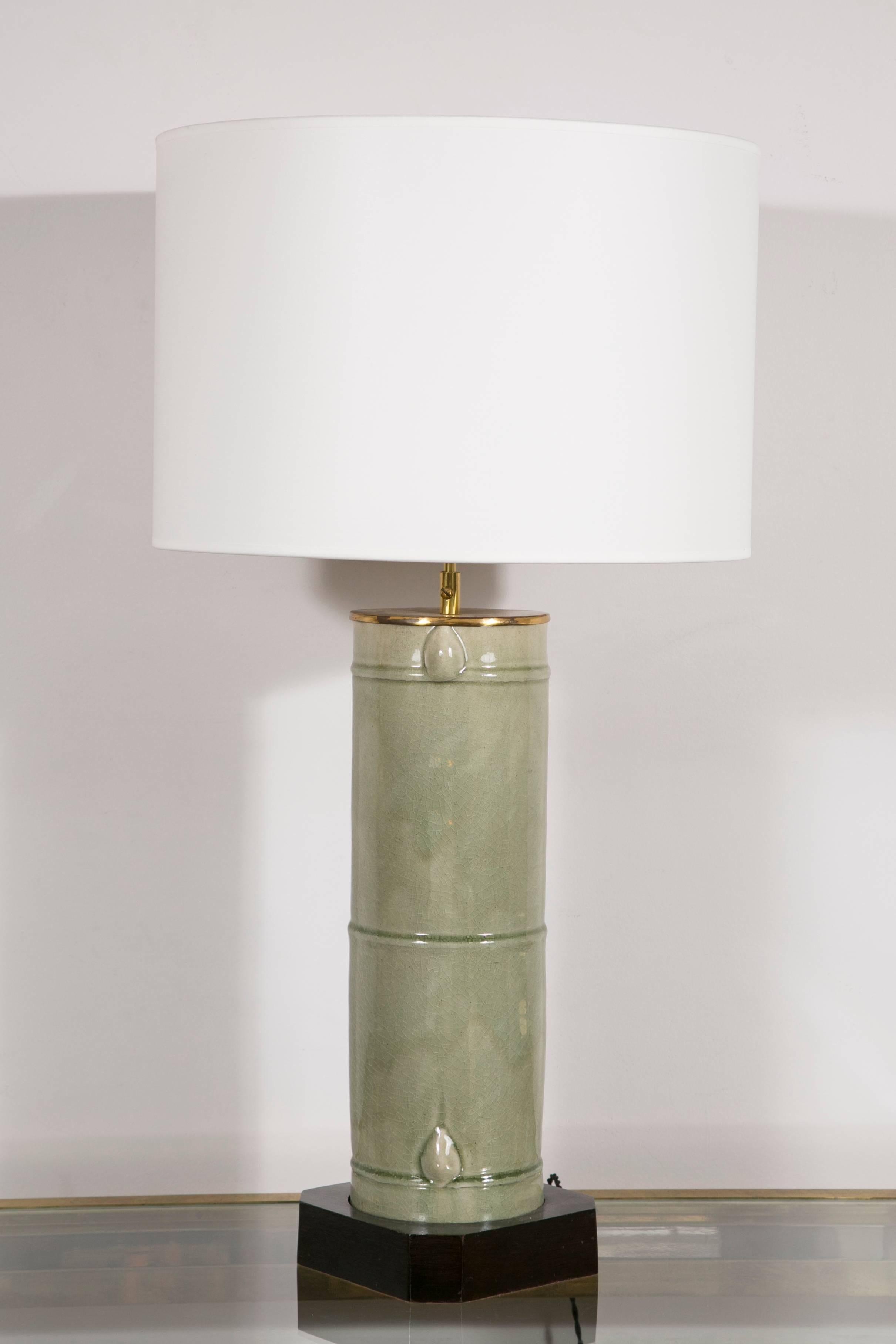 Chinese Export Pair of Large Cylindrical Céladon Lamps