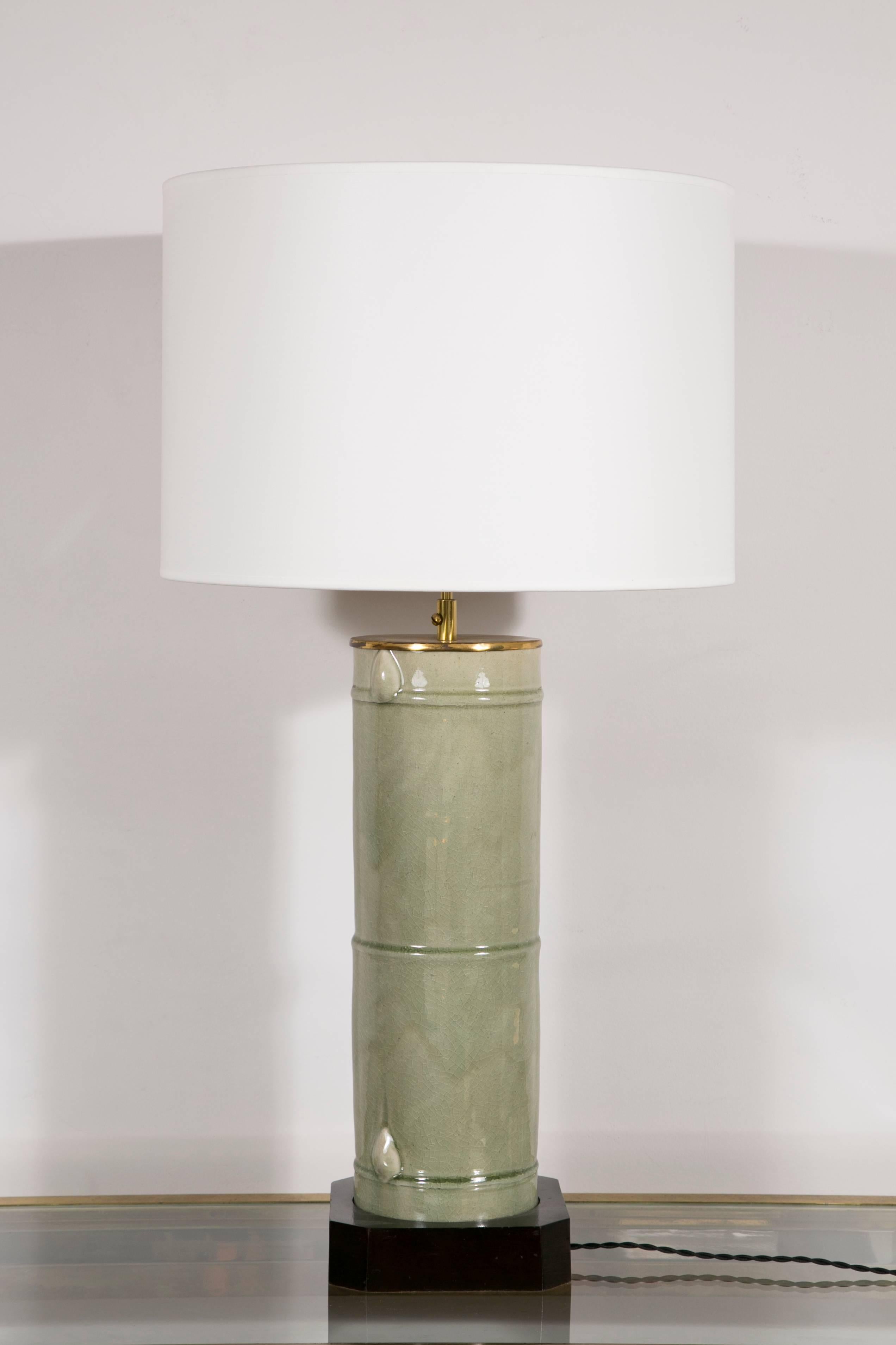 French Pair of Large Cylindrical Céladon Lamps