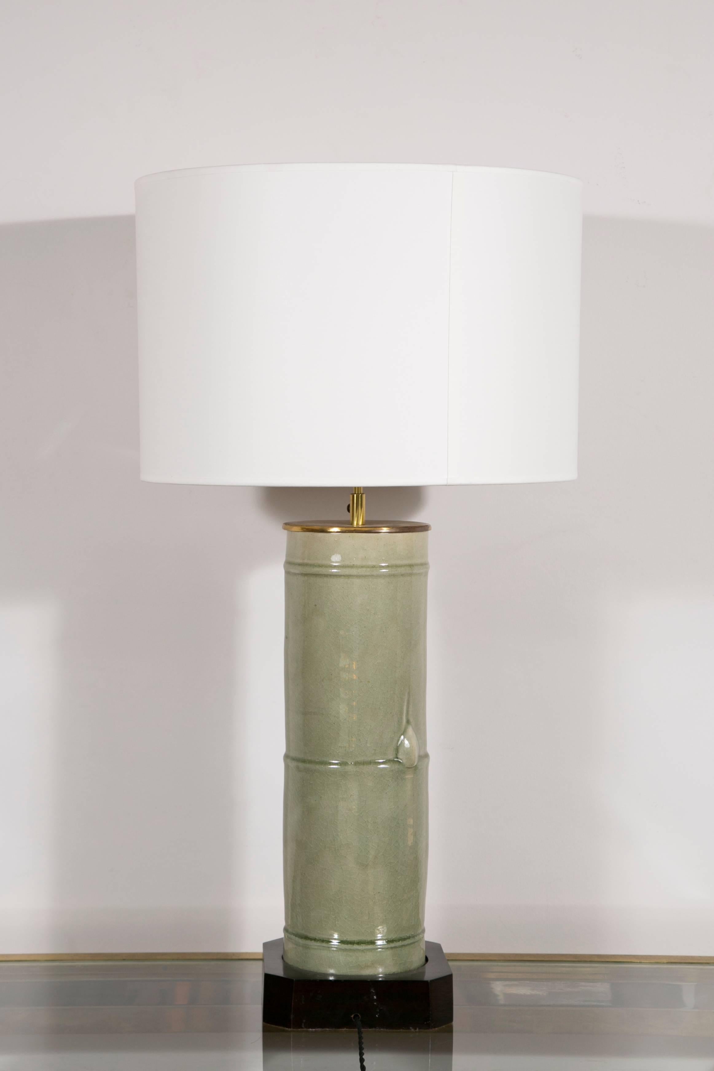 Lacquered Pair of Large Cylindrical Céladon Lamps