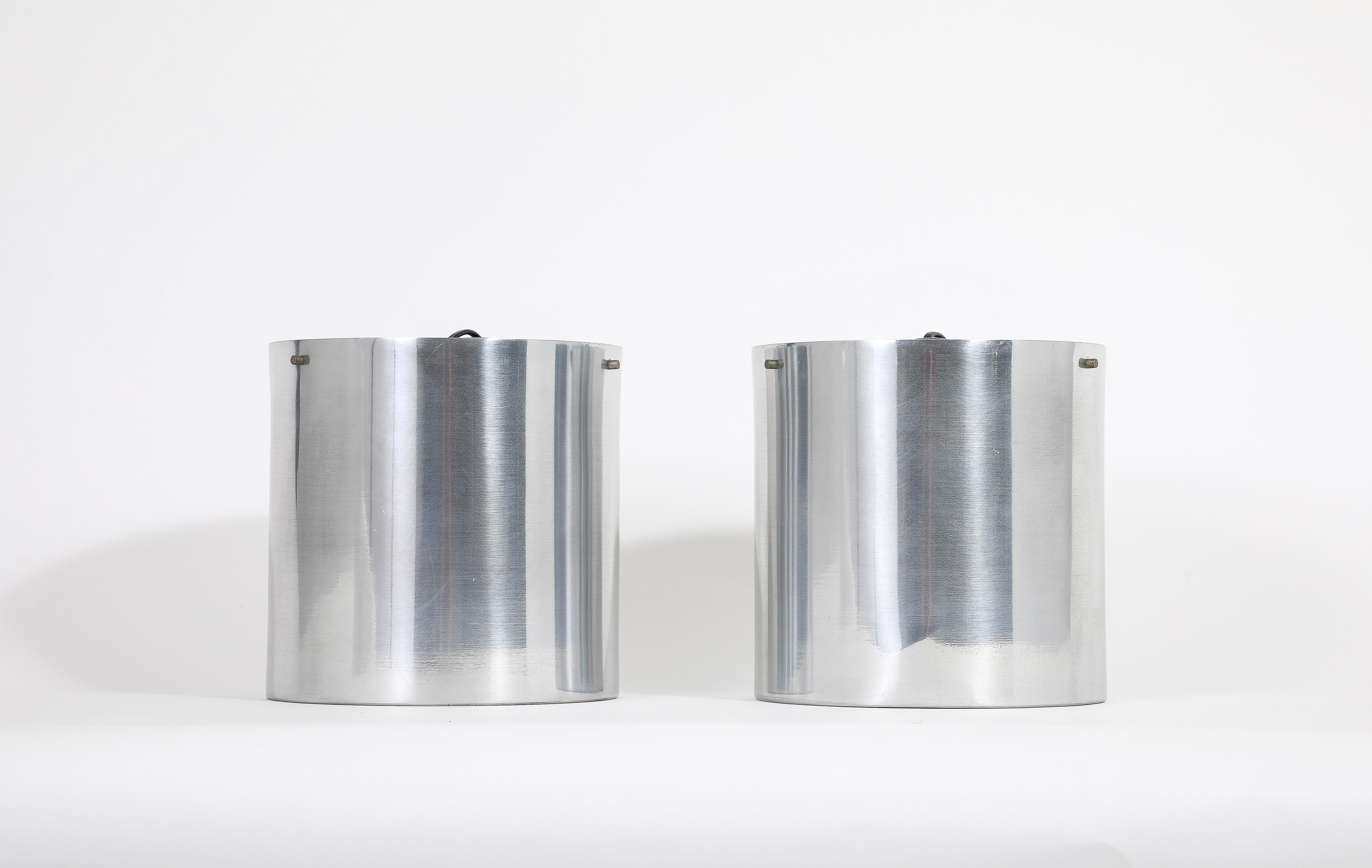 Pair of Large Cylindrical Modernist Chrome Flush Mounts, Italy 1970’s For Sale 4