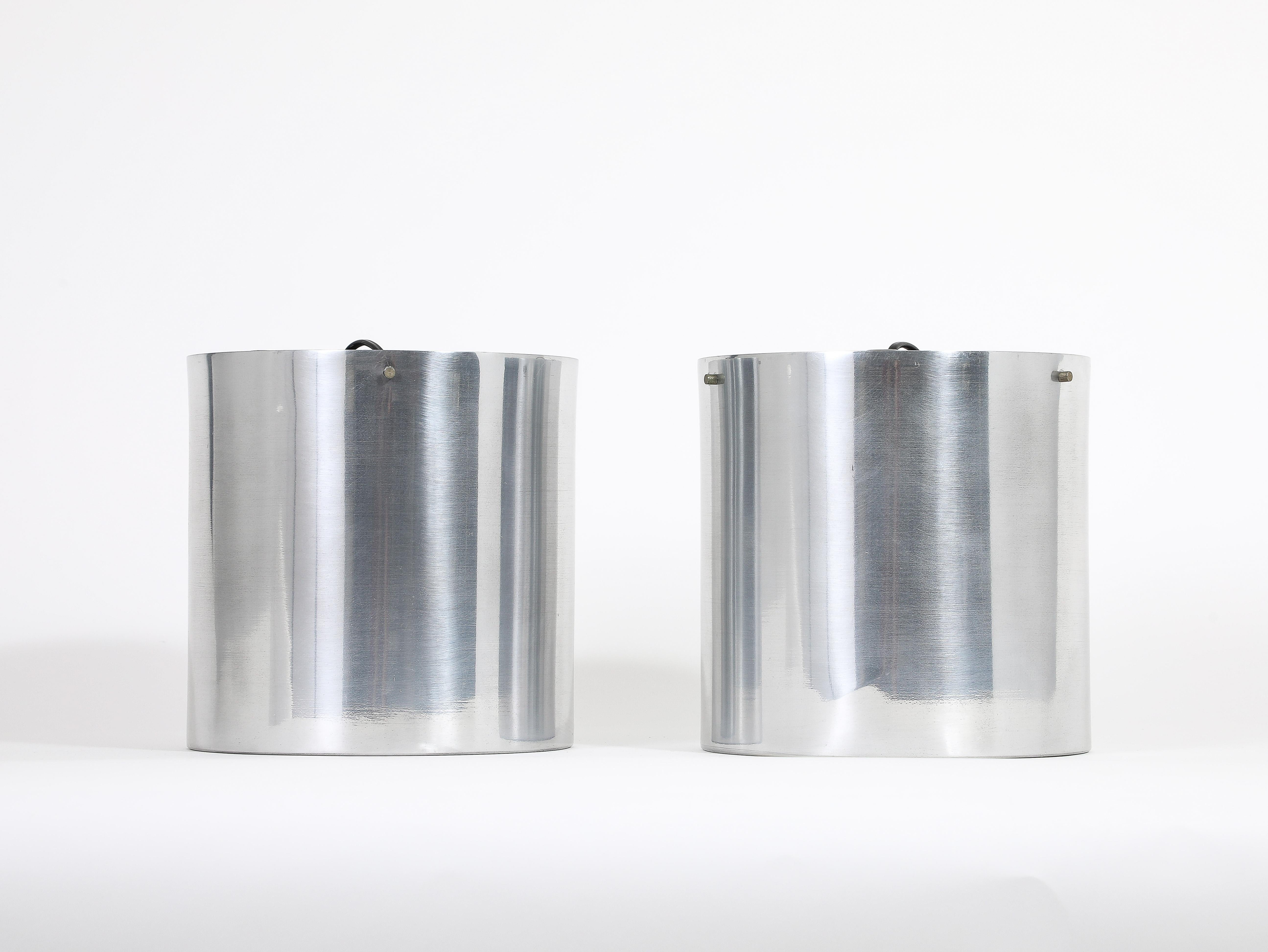Pair of Large Cylindrical Modernist Chrome Flush Mounts, Italy 1970’s For Sale 5