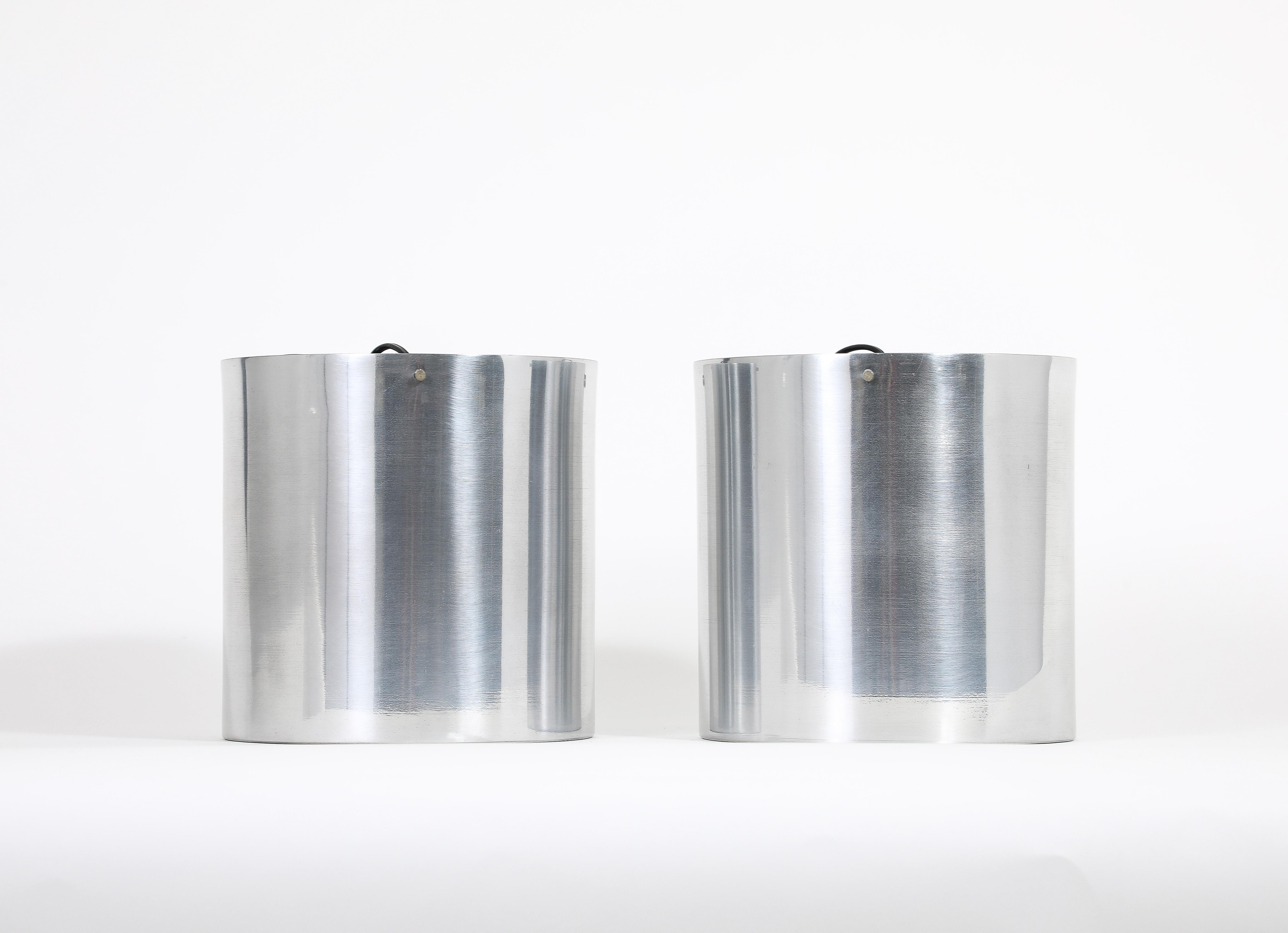 Pair of Large Cylindrical Modernist Chrome Flush Mounts, Italy 1970’s For Sale 6