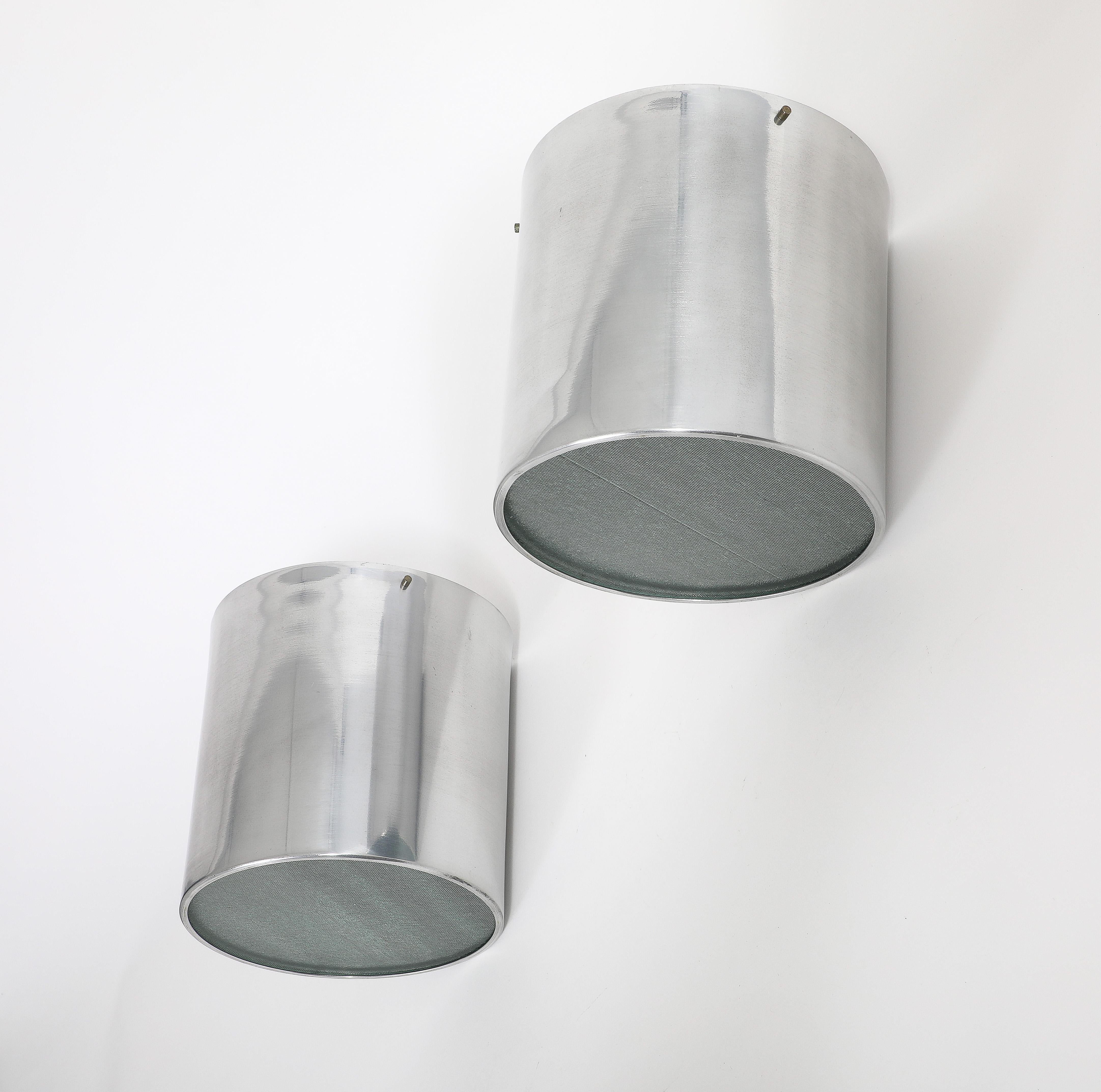Pair of Large Cylindrical Modernist Chrome Flush Mounts, Italy 1970’s For Sale 14