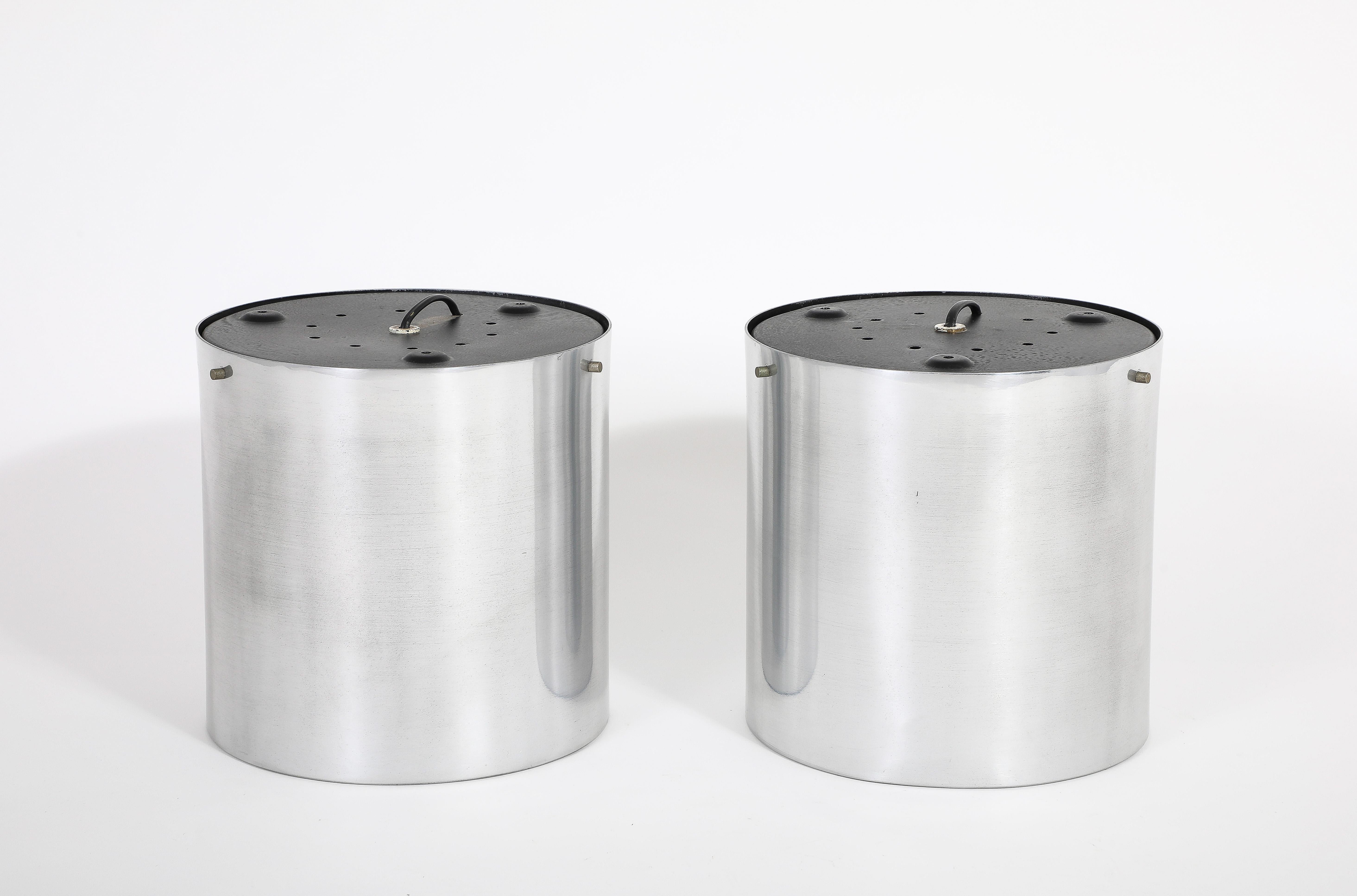 Pair of Large Cylindrical Modernist Chrome Flush Mounts, Italy 1970’s For Sale 1