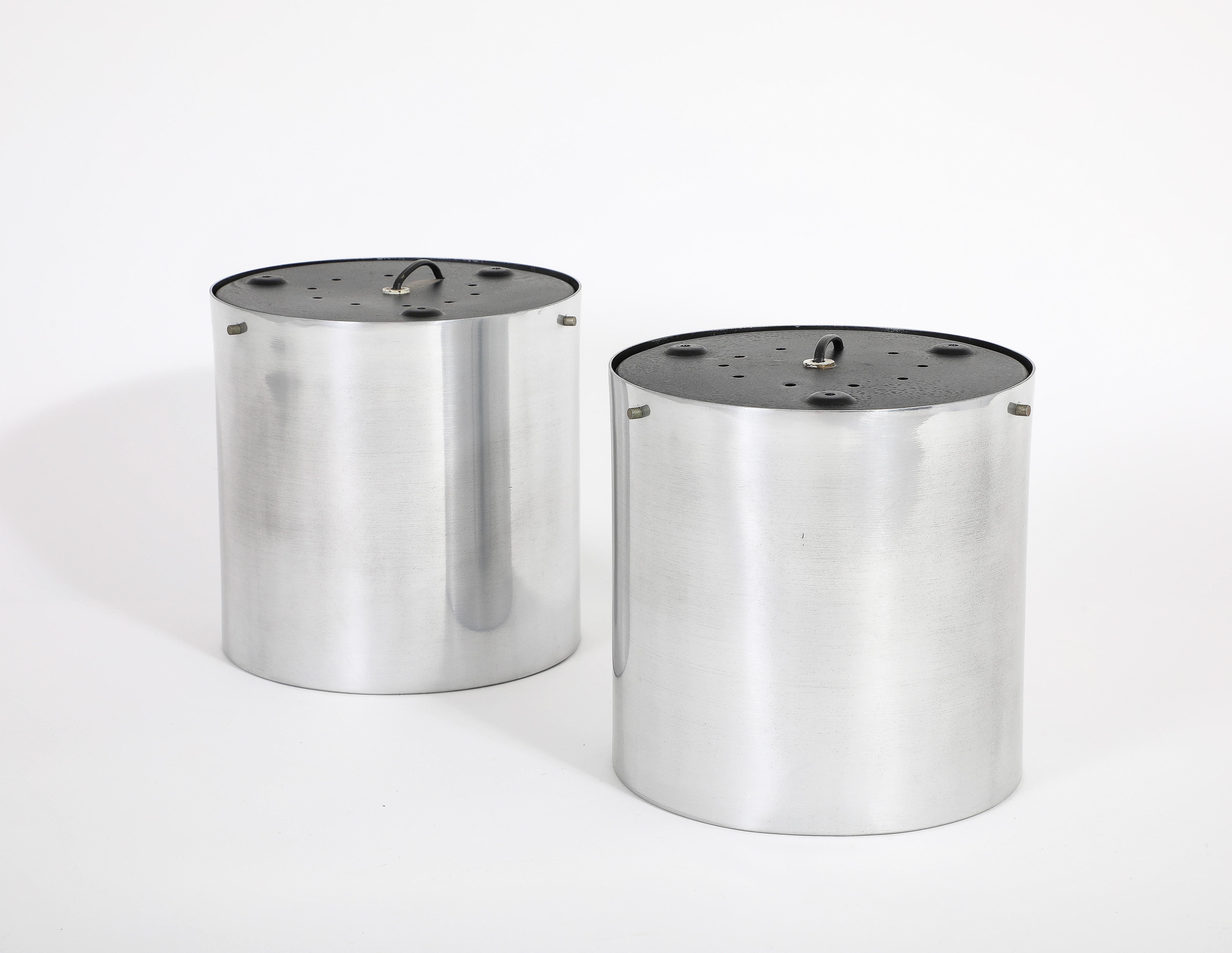 Pair of Large Cylindrical Modernist Chrome Flush Mounts, Italy 1970’s For Sale 2