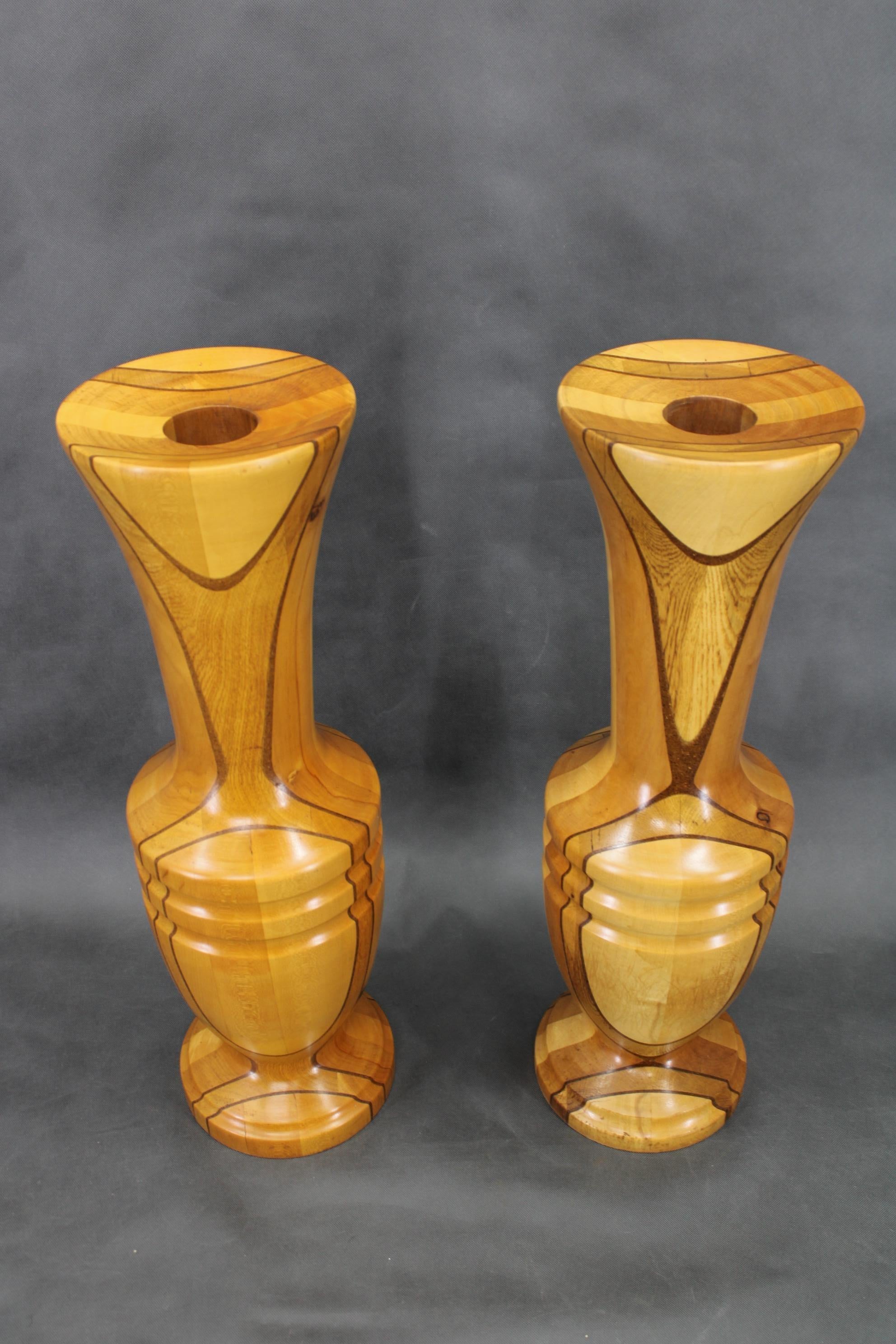 Mid-Century Modern Pair of Large Czechoslovakian Wooden Vases, Mixed Woods, 1960s For Sale