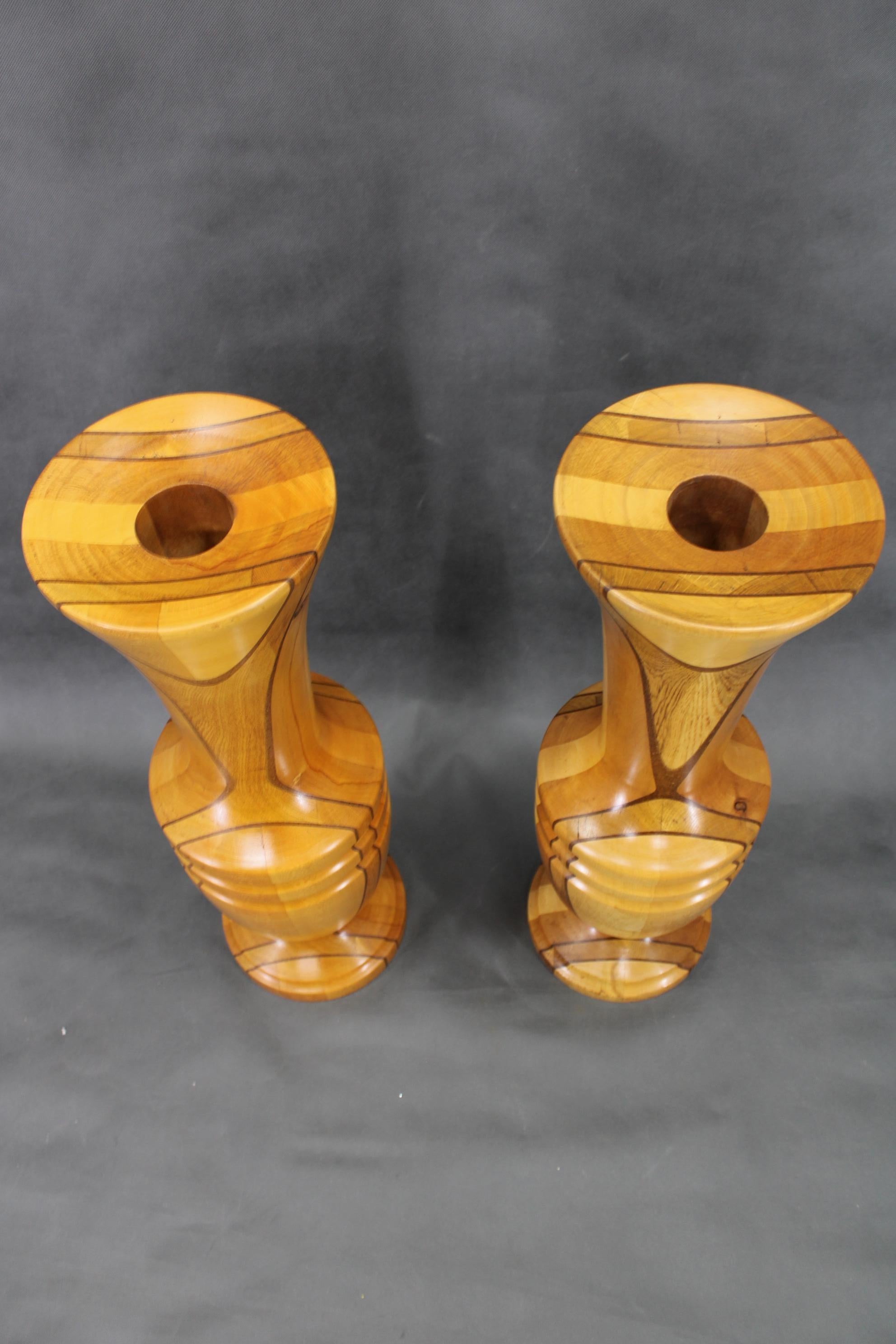 Oiled Pair of Large Czechoslovakian Wooden Vases, Mixed Woods, 1960s For Sale