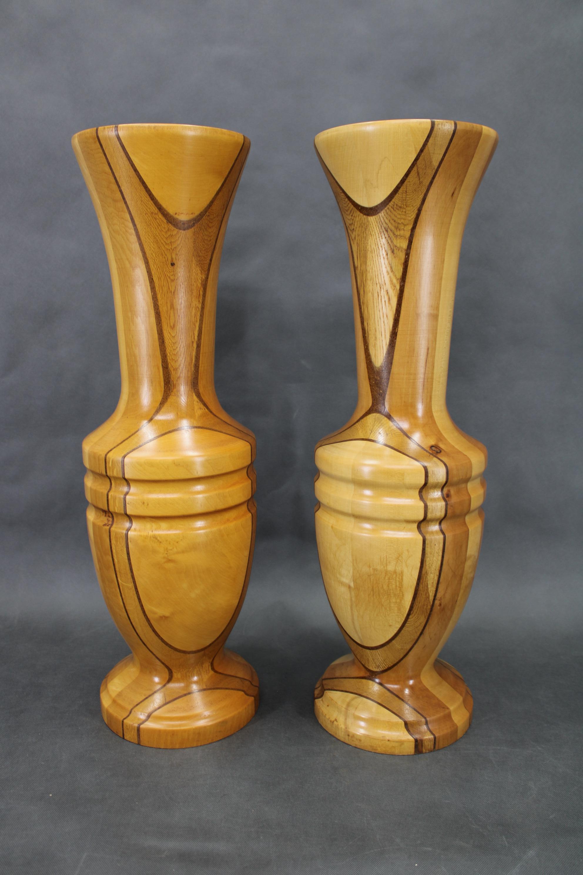 Mid-20th Century Pair of Large Czechoslovakian Wooden Vases, Mixed Woods, 1960s For Sale