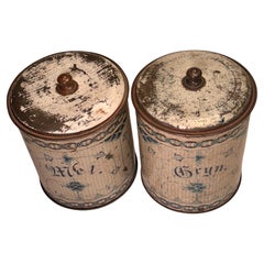 Pair of Large Danish 1900's Faux Porcelain Tin Container Blue and White Paint