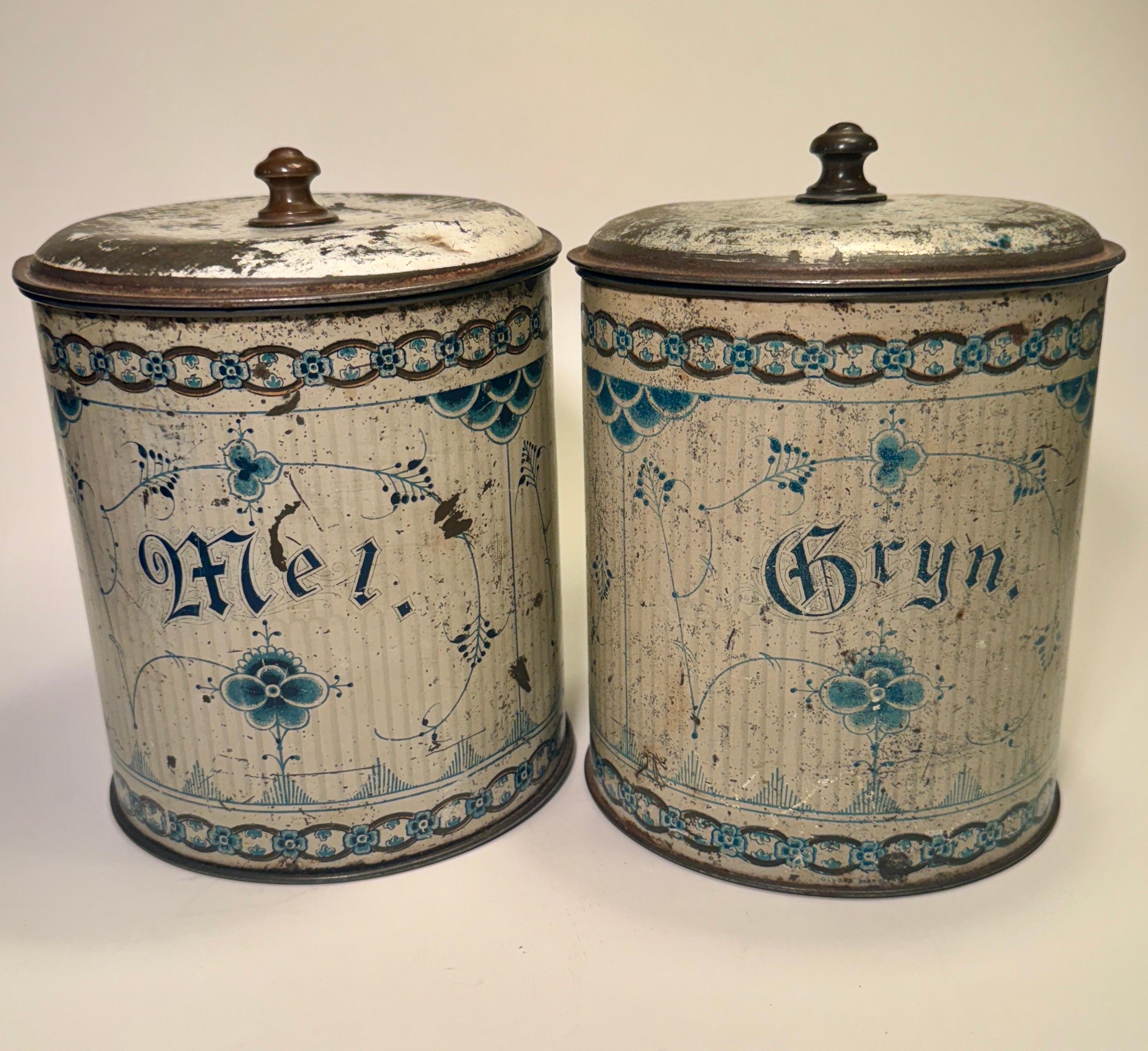 French Provincial Pair of Large Danish 1900's Faux Porcelain Tin Container Blue and White Paint For Sale