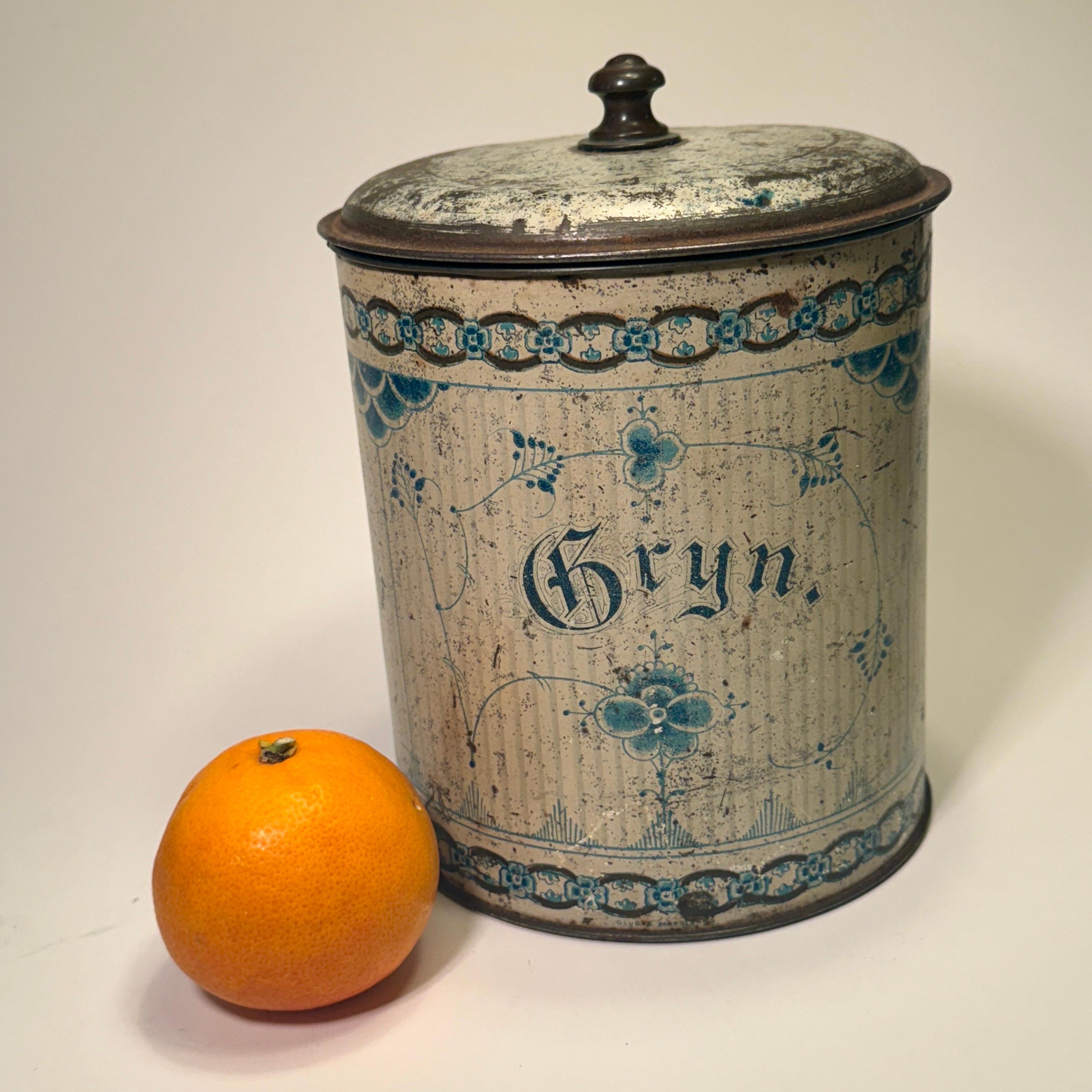 Hand-Painted Pair of Large Danish 1900's Faux Porcelain Tin Container Blue and White Paint For Sale