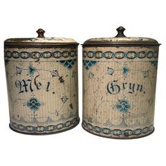 Pair of Large Danish 1900's Faux Porcelain Tin Container Blue and White Paint