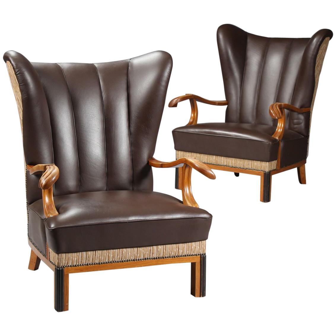 Pair of Large Danish 1940s Wingback Chairs with Leather Upholstery