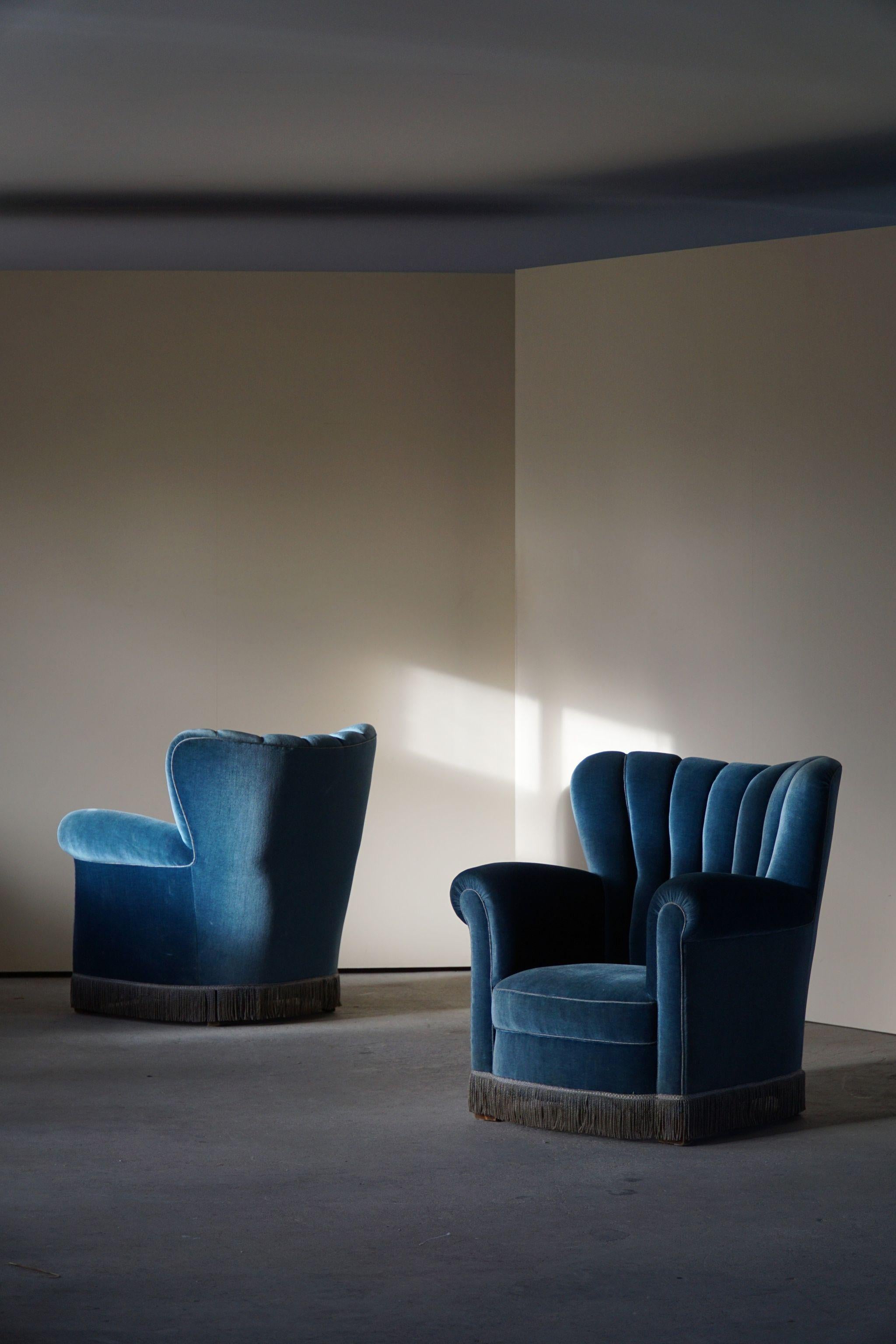 Pair of Large Danish Art Deco Lounge Chairs in Blue Velvet, Made in 1940s 11