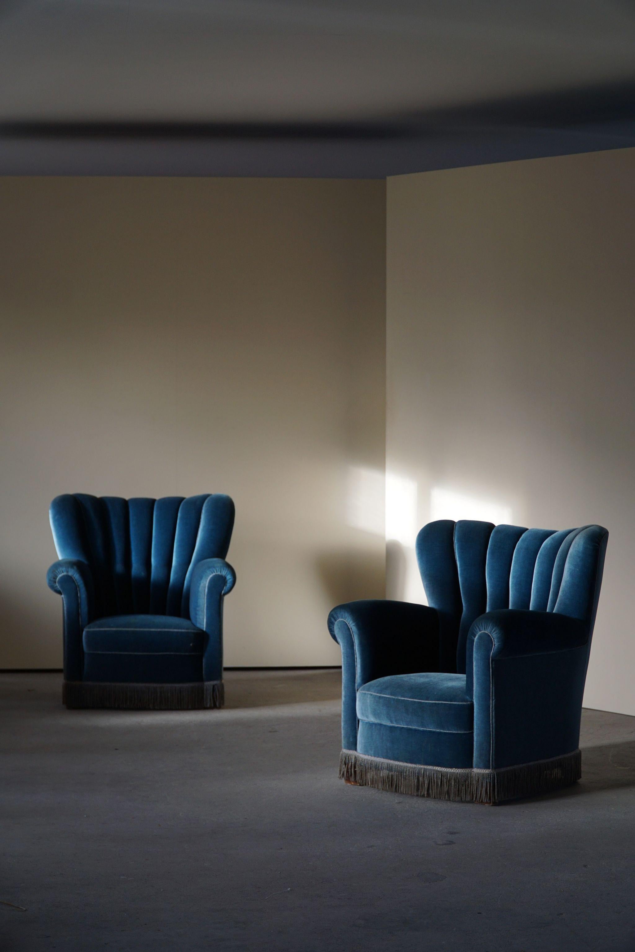 Pair of Large Danish Art Deco Lounge Chairs in Blue Velvet, Made in 1940s 12