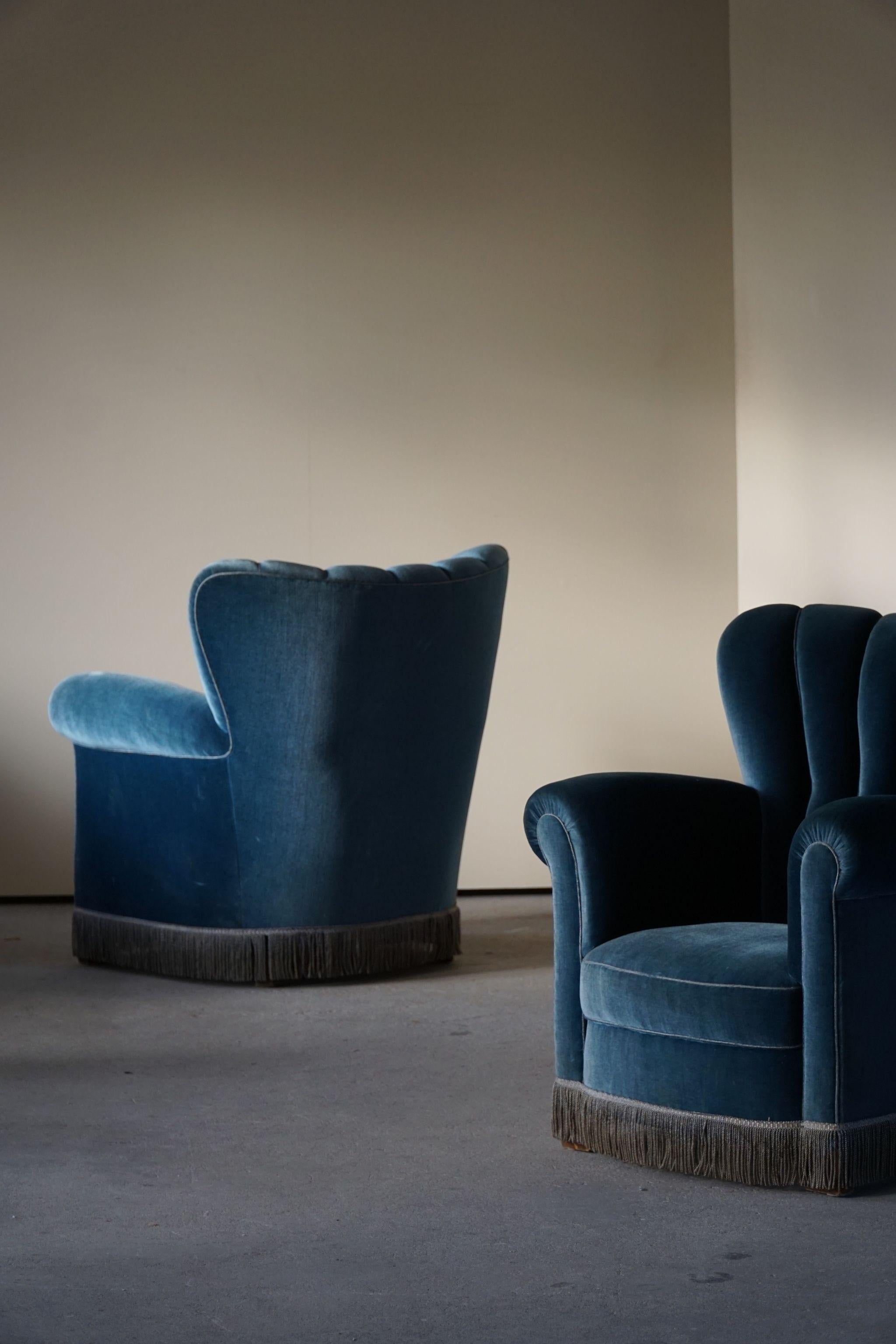 Pair of Large Danish Art Deco Lounge Chairs in Blue Velvet, Made in 1940s 3