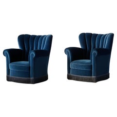 Pair of Large Danish Art Deco Lounge Chairs in Blue Velvet, Made in 1940s