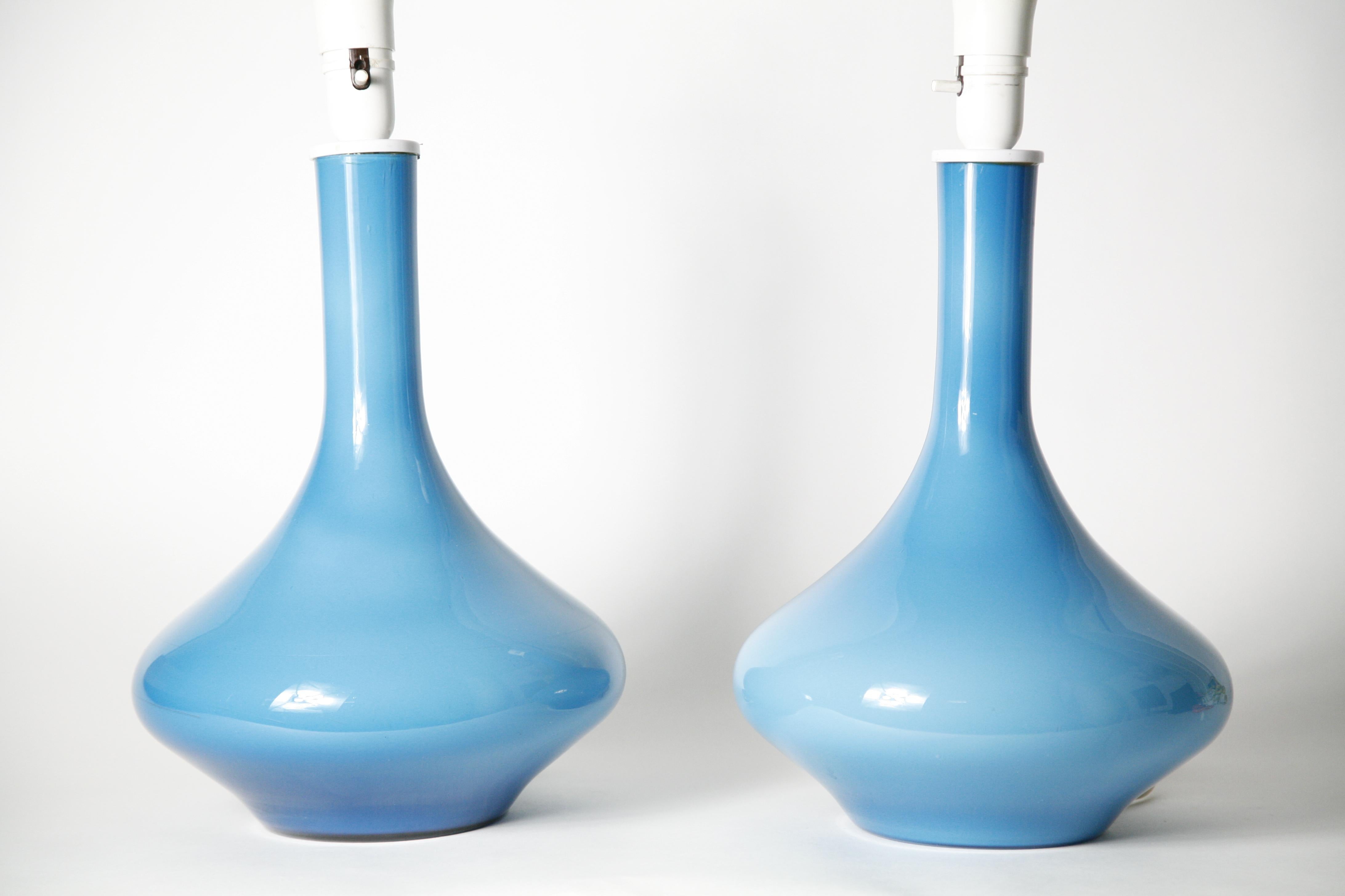 Brass Pair of Large Danish Light Blue Kastrup Glass Lamps, 1960 For Sale