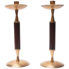 Pair of Large Danish Mahogany and Brass Candlesticks