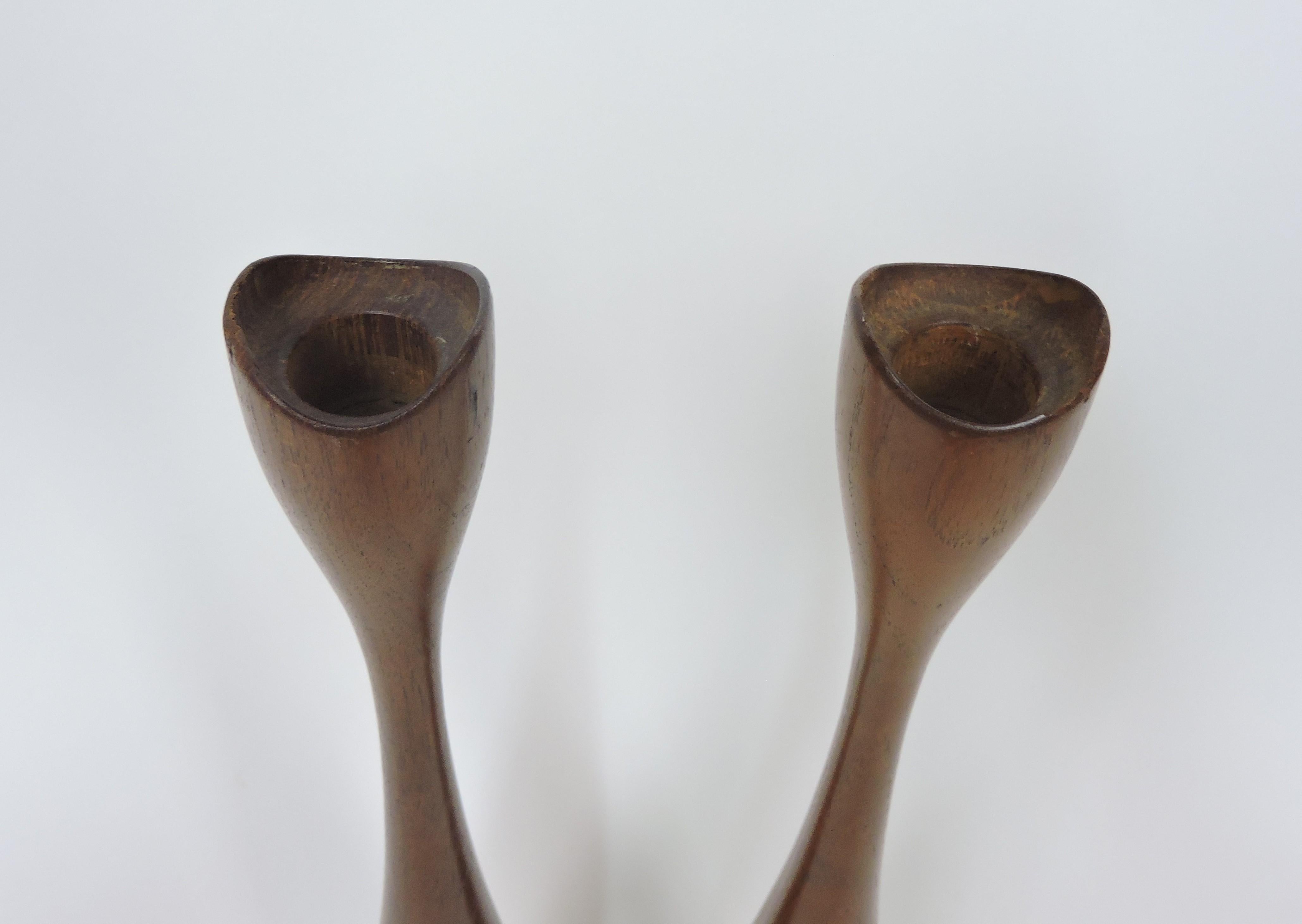 Scandinavian Modern Pair of Large Danish Mid Century Modern Turned Teak Candleholders/Candlesticks