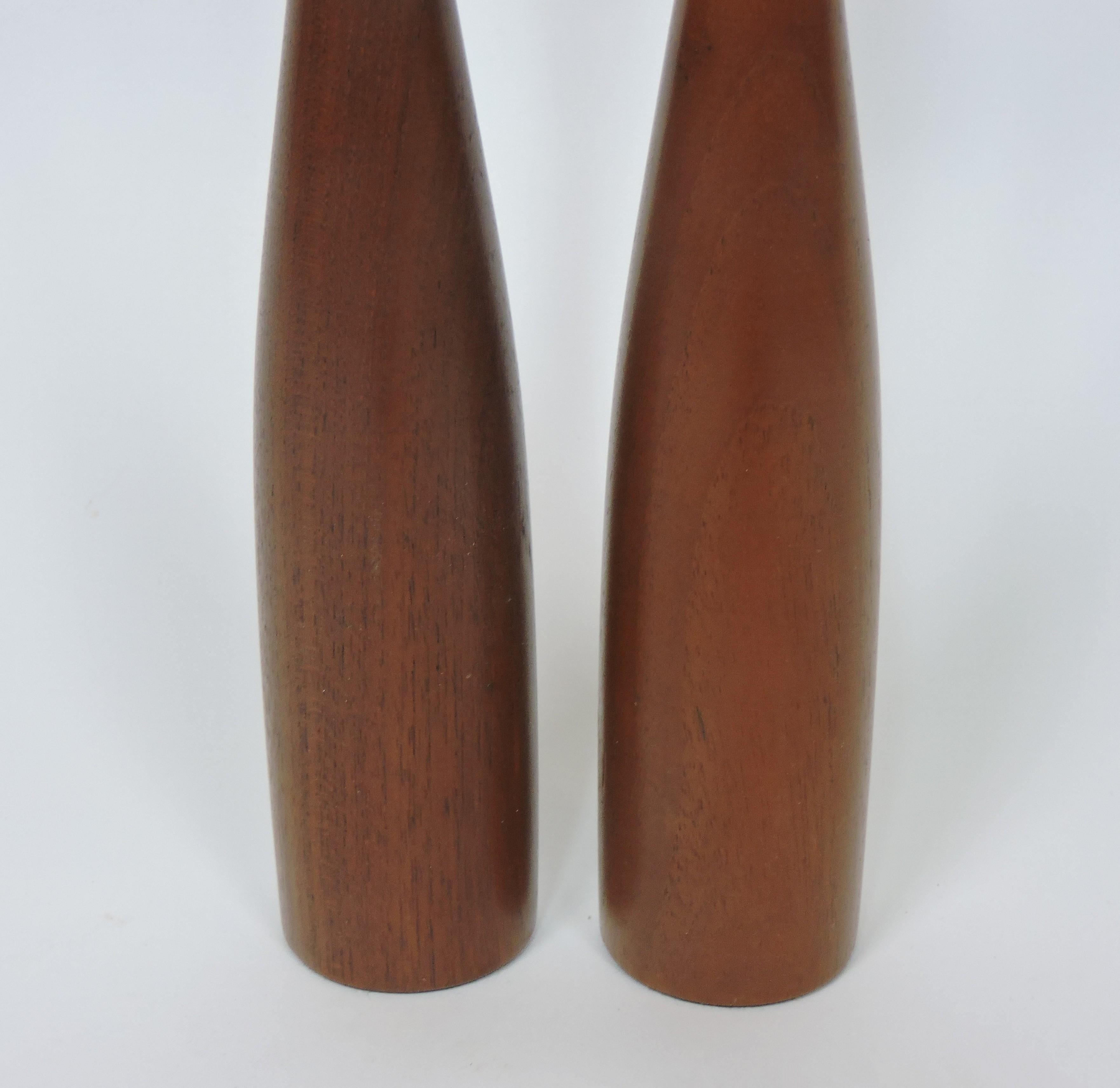 Pair of Large Danish Mid Century Modern Turned Teak Candleholders/Candlesticks In Good Condition In Chesterfield, NJ