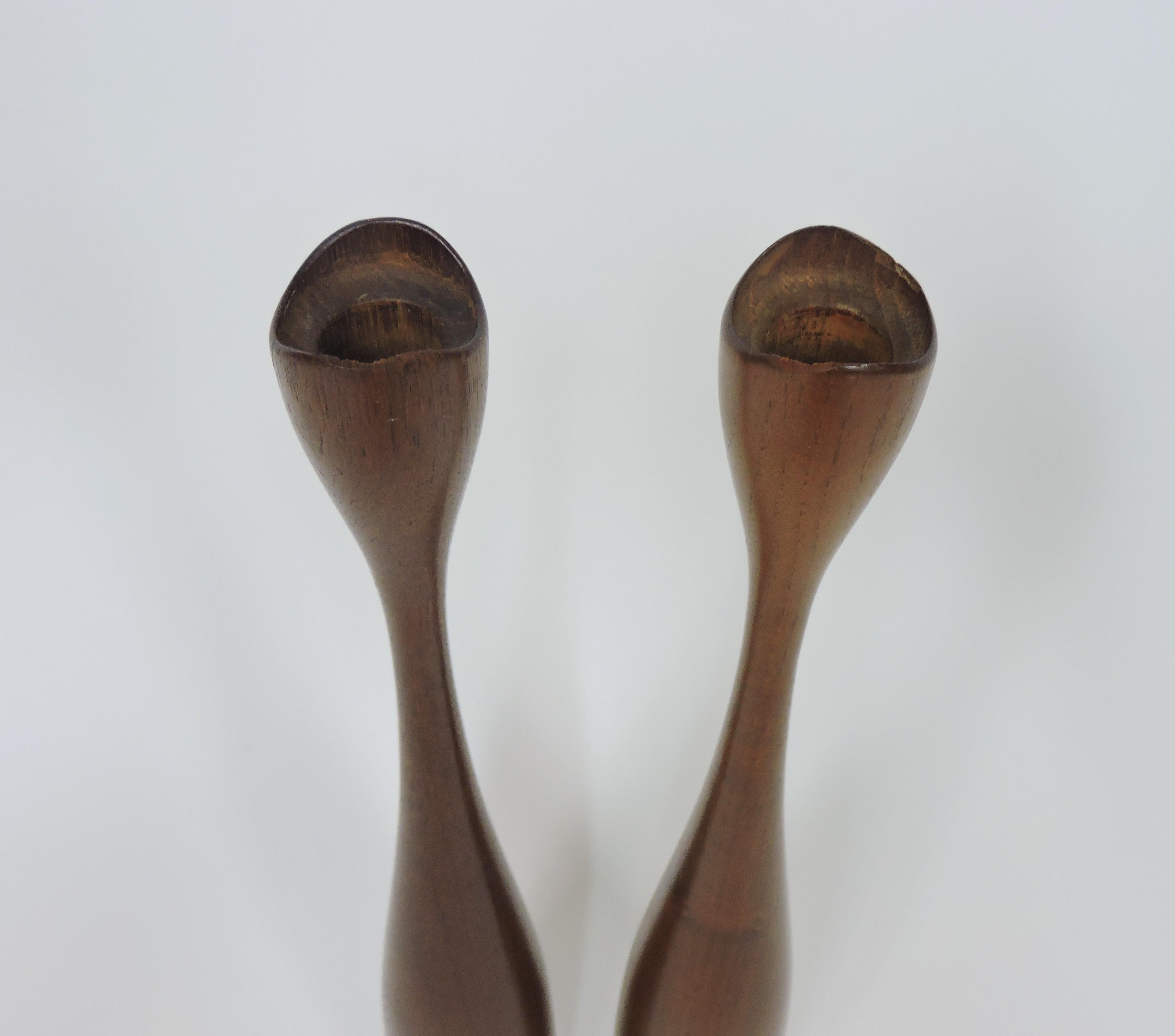 Pair of Large Danish Mid Century Modern Turned Teak Candleholders/Candlesticks 1