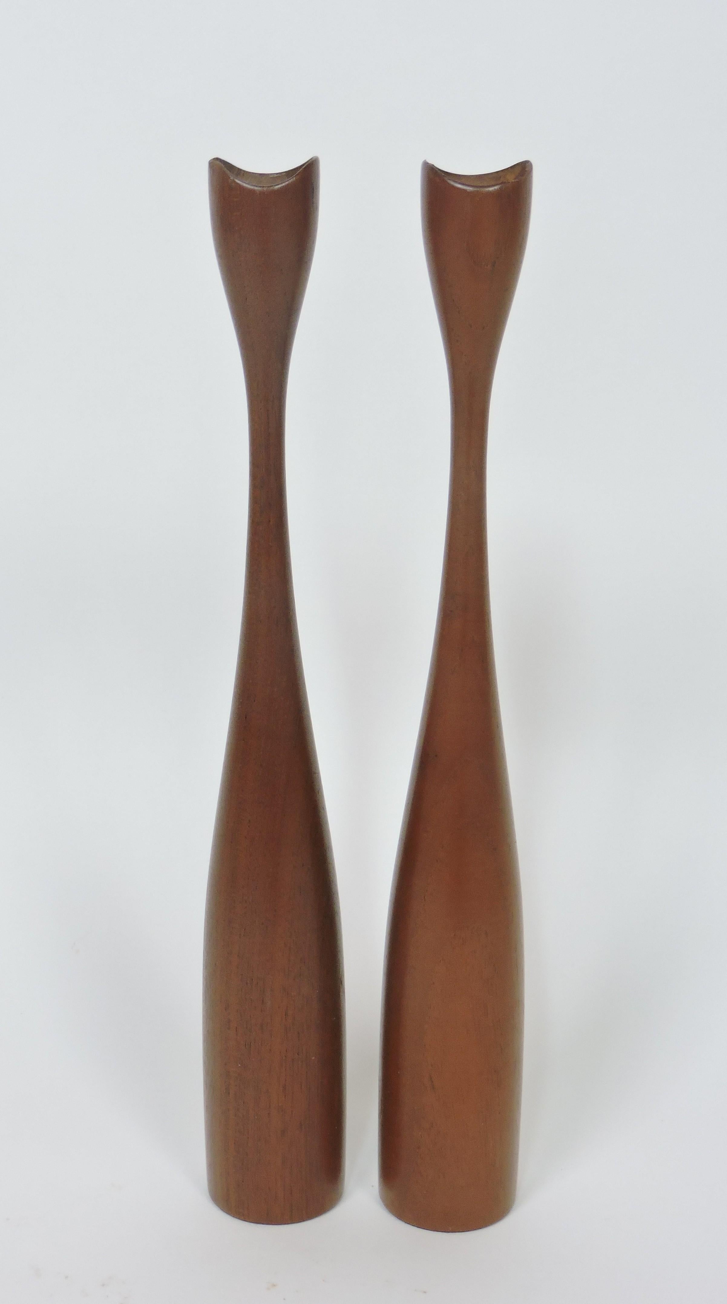 Pair of Large Danish Mid Century Modern Turned Teak Candleholders/Candlesticks 2