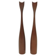 Pair of Large Danish Mid Century Modern Turned Teak Candleholders/Candlesticks