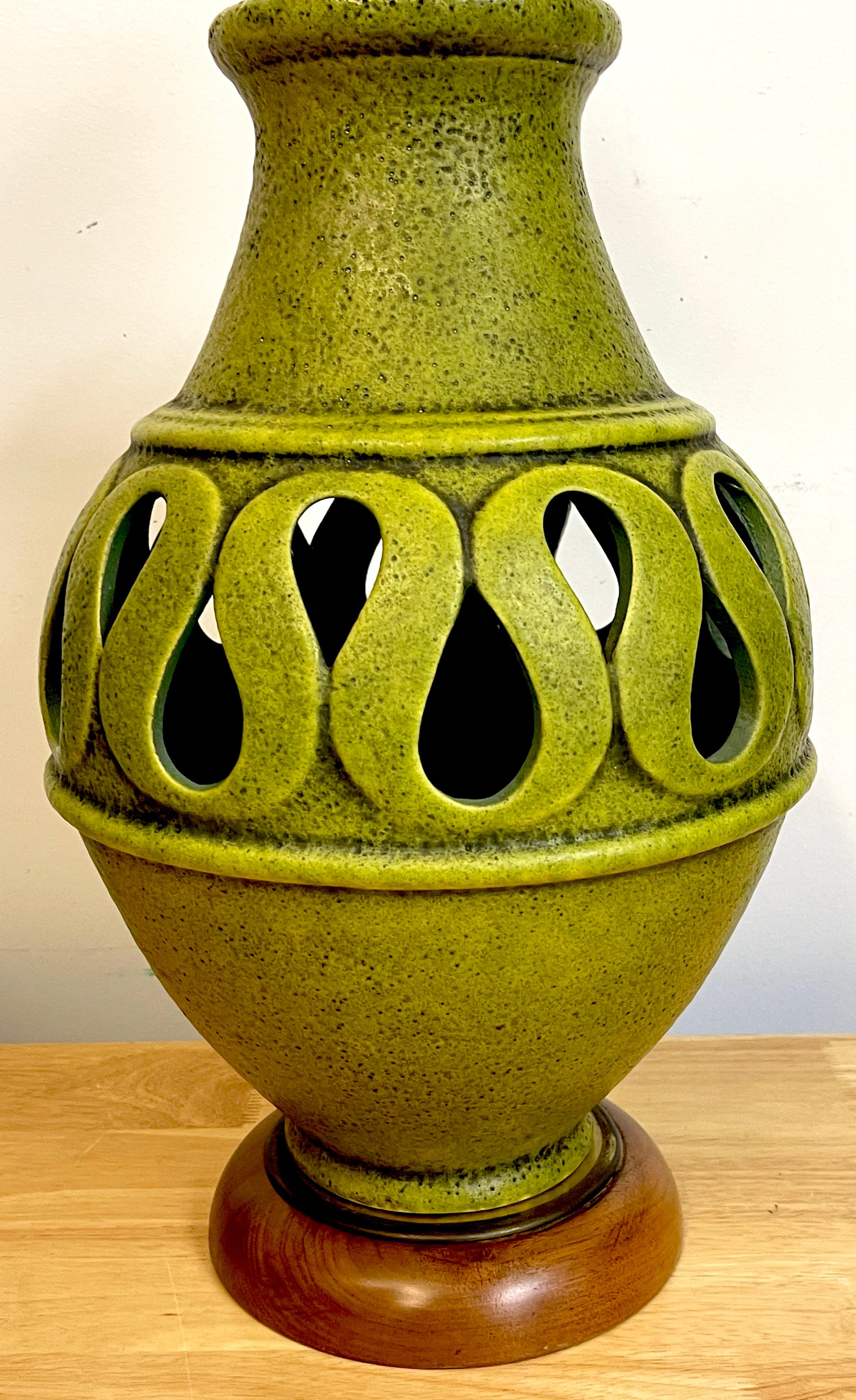Pair of Large Danish Modern Green Monochrome Pottery Reticulated Lamps For Sale 1