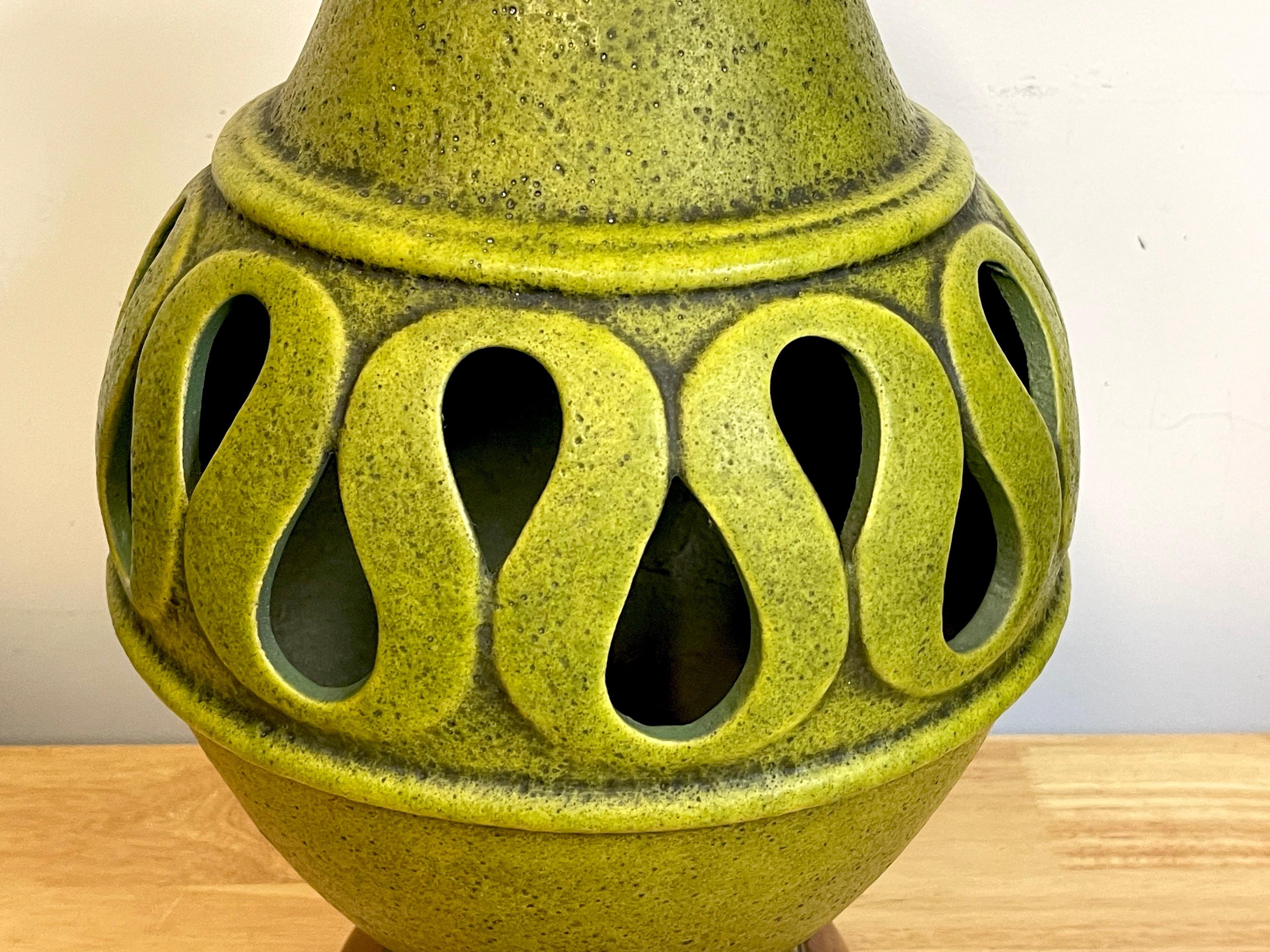 Pair of Large Danish Modern Green Monochrome Pottery Reticulated Lamps For Sale 2