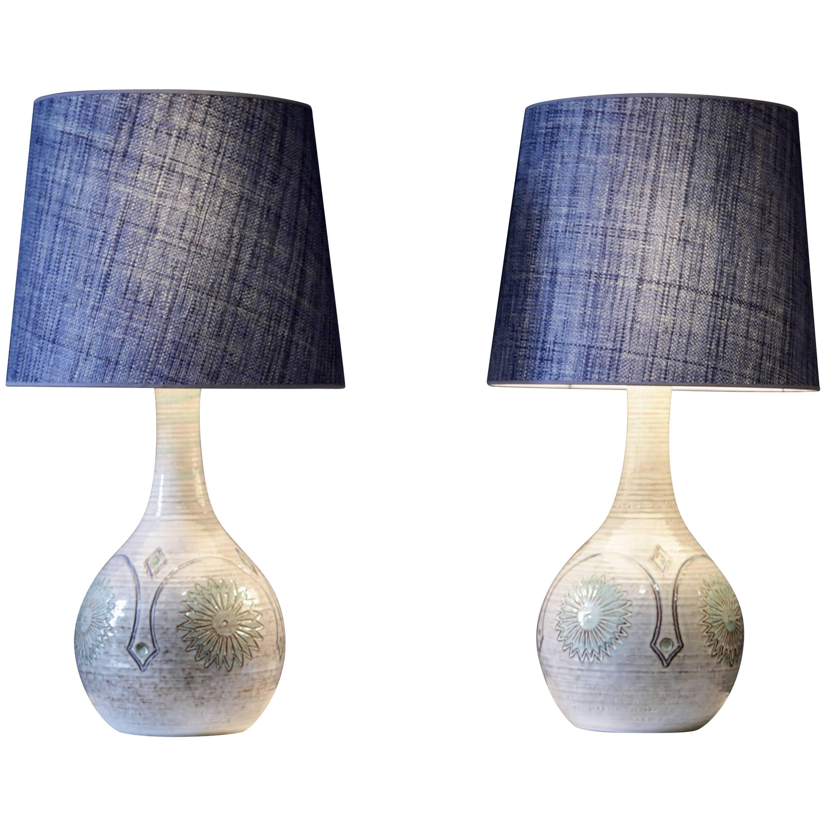 Pair of Large Danish Stoneware Table Lamps with Denim Blue Raffia Shades, 1960