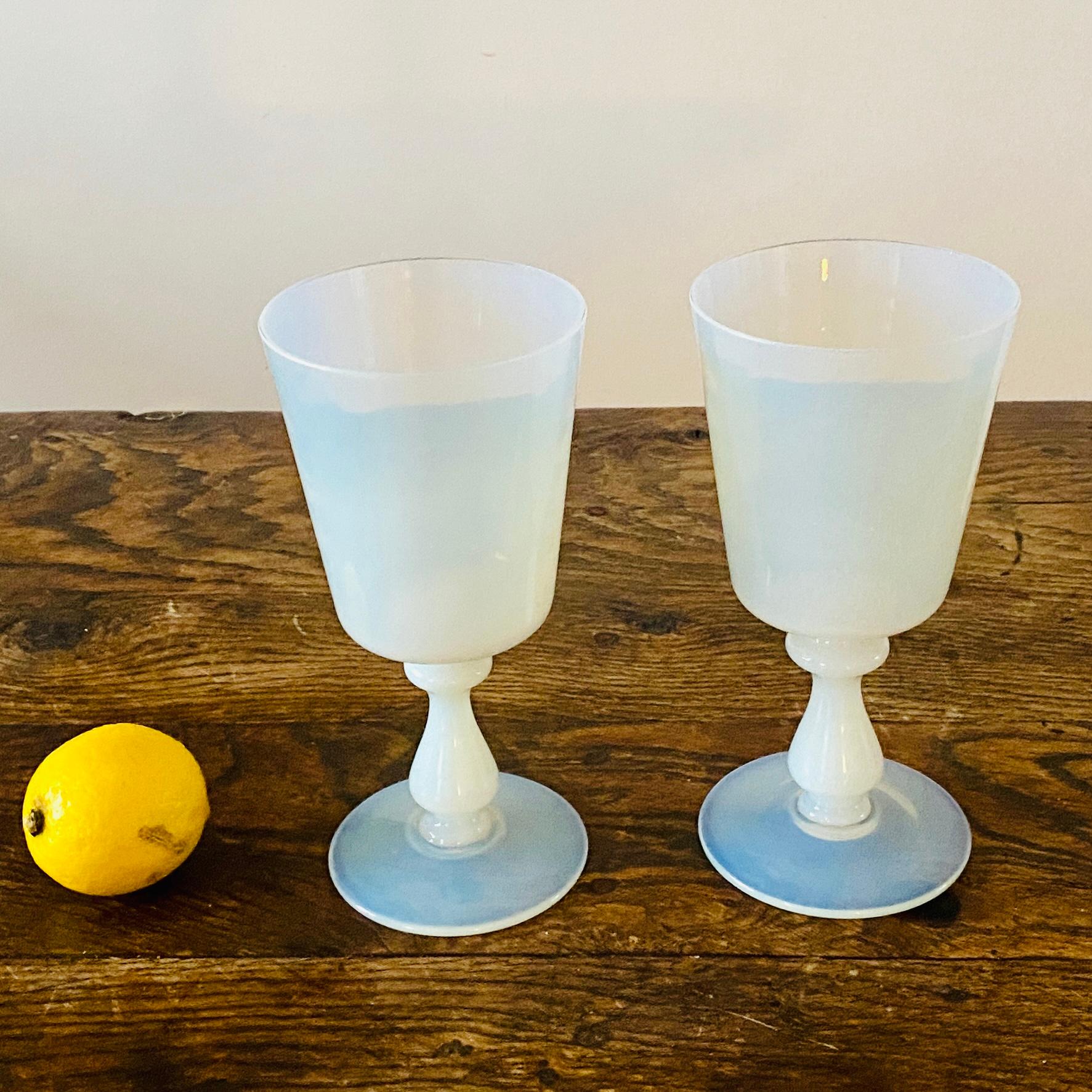 Danish pair of large white Vaseline opaline wine glasses or vases.