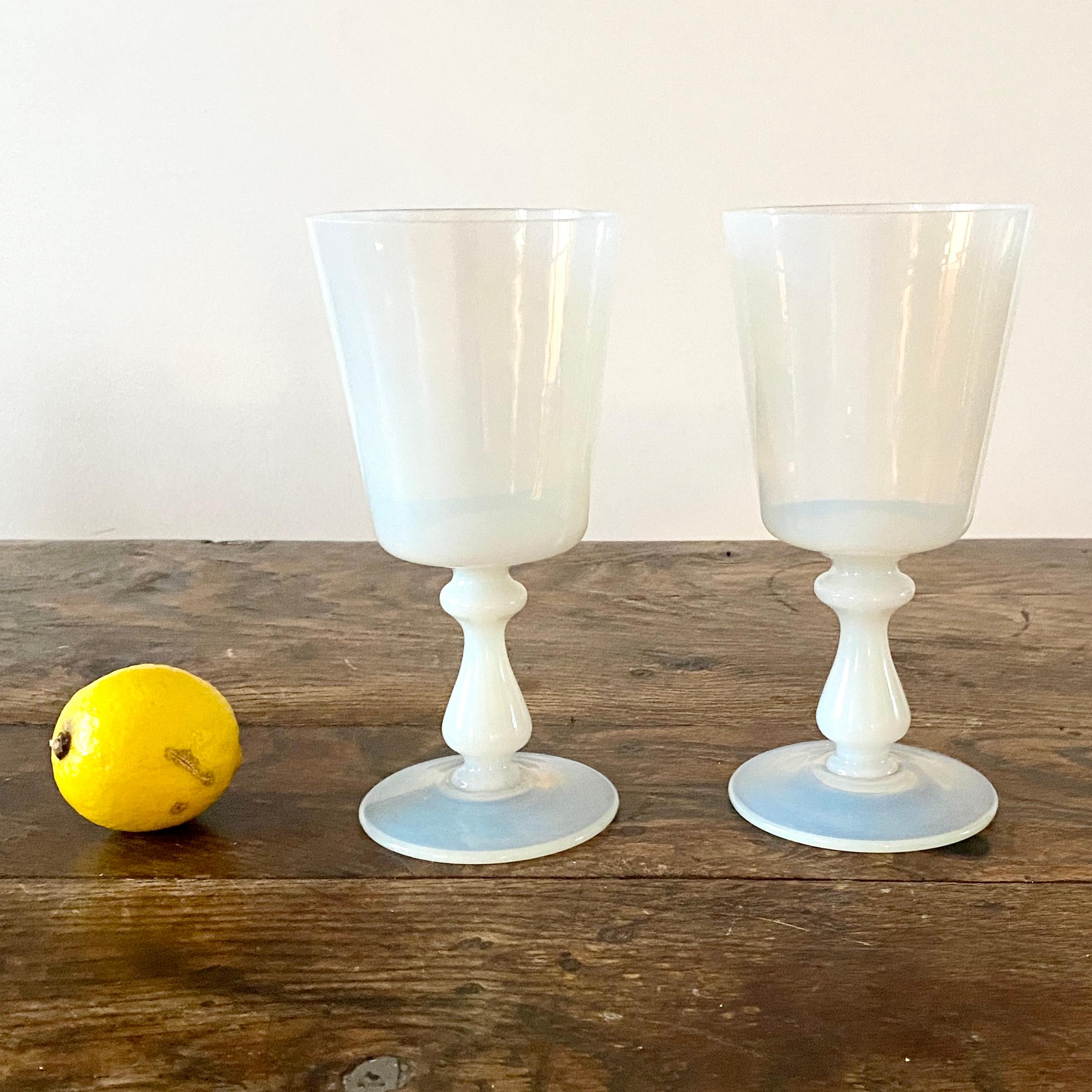 Hand-Crafted Pair of Large Danish Vaseline Opaline Wine Glass or Vases For Sale