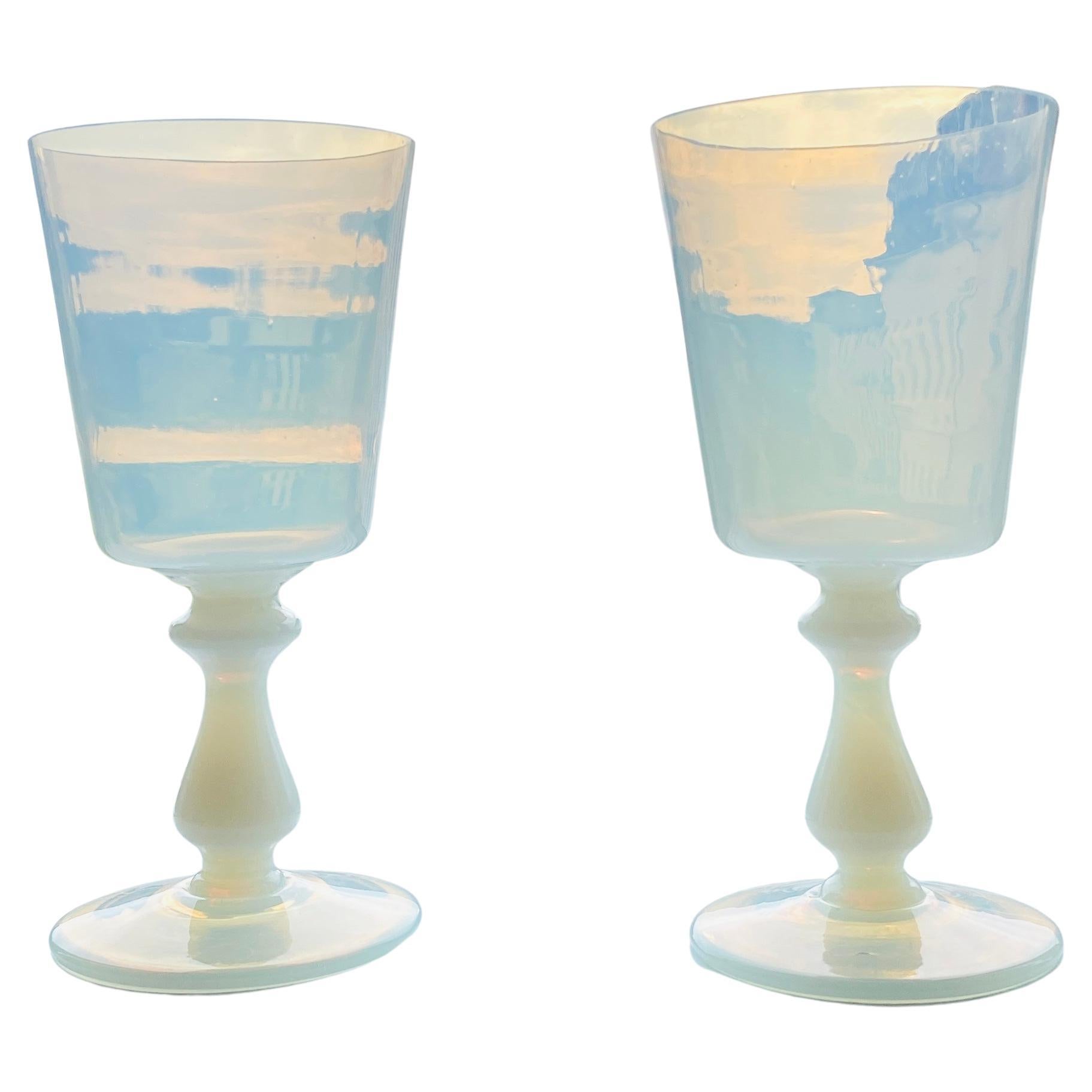 19th Century Pair of Large Danish Vaseline Opaline Wine Glass or Vases For Sale