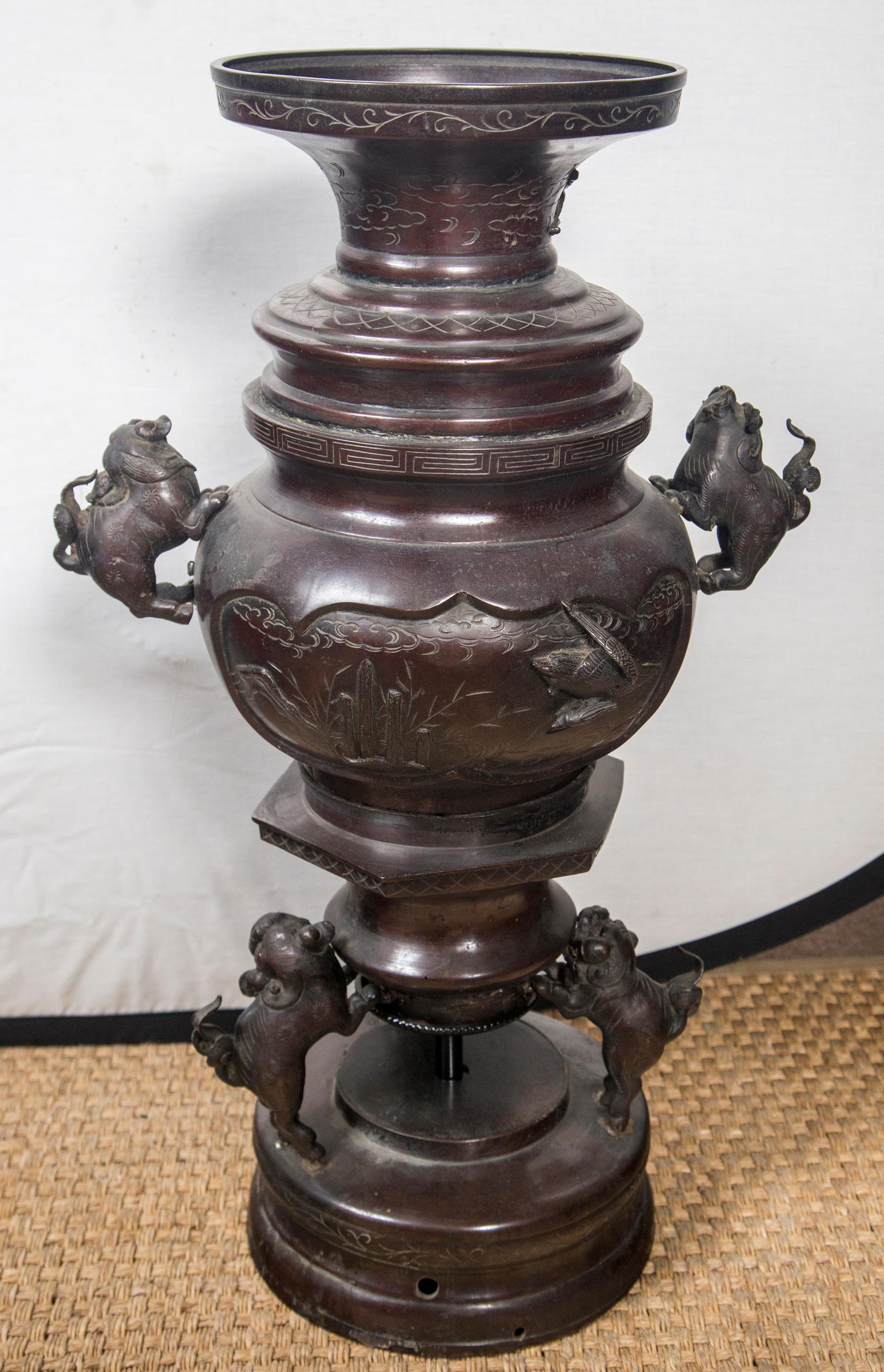 Pair of Large, Dark Patinated Bronze Japanese Vases, Previously Lamps For Sale 5
