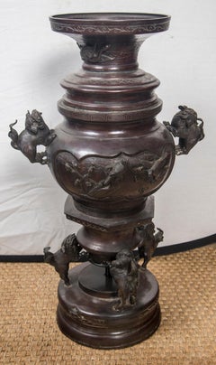 Pair of Large, Dark Patinated Bronze Japanese Vases, Previously Lamps