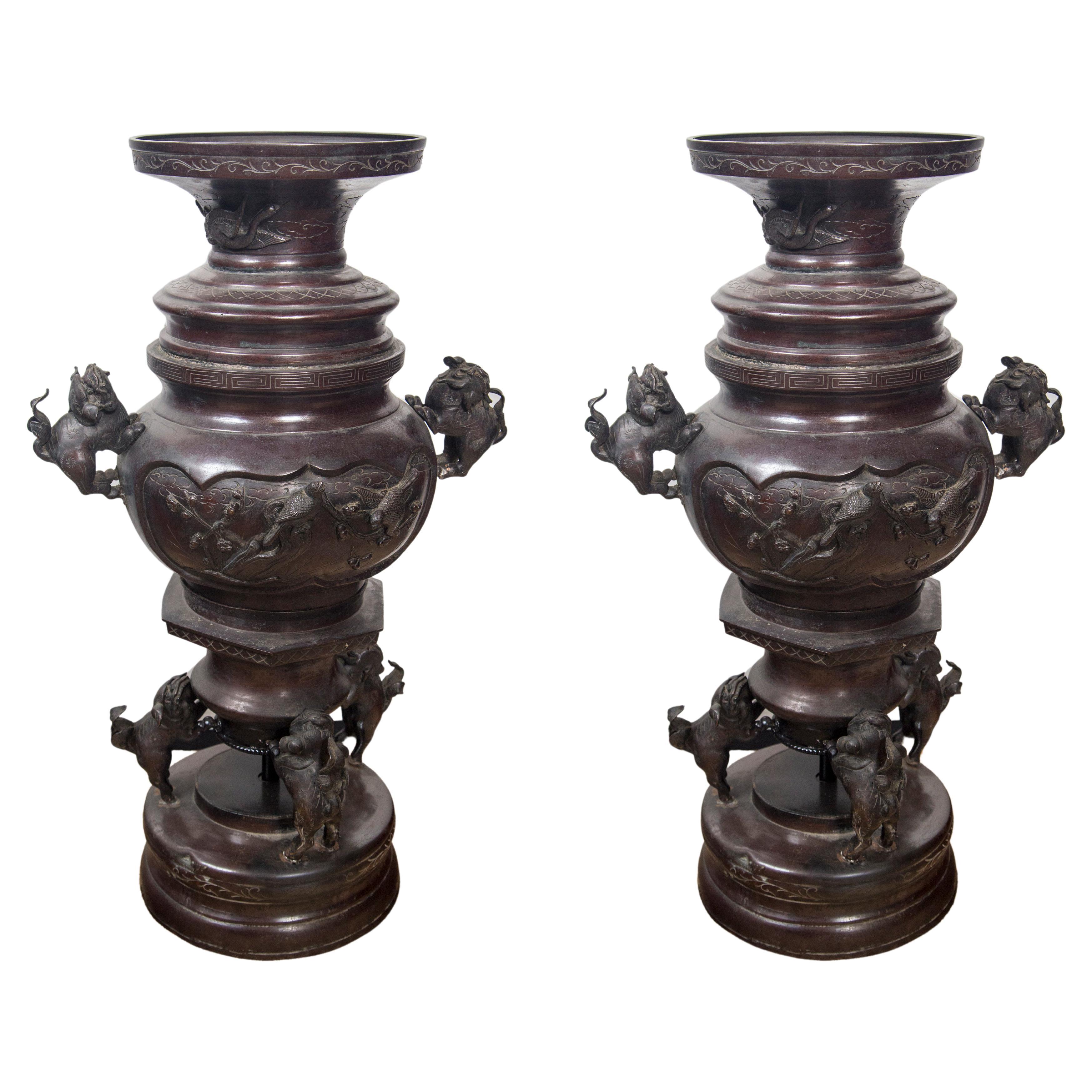 Pair of Large, Dark Patinated Bronze Japanese Vases, Previously Lamps For Sale