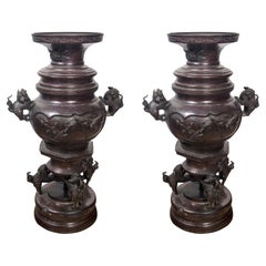 Pair of Large, Dark Patinated Bronze Japanese Vases, Previously Lamps