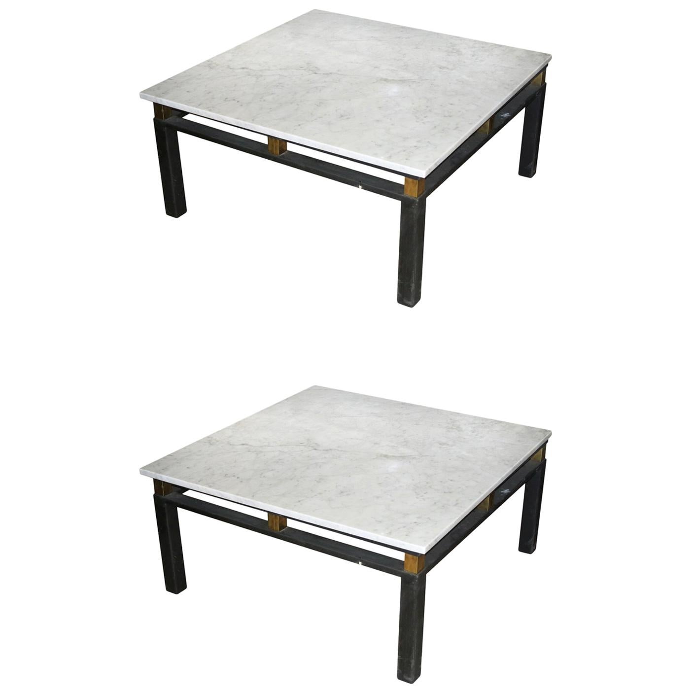 Pair of Large Deco White Marble-Top Tables