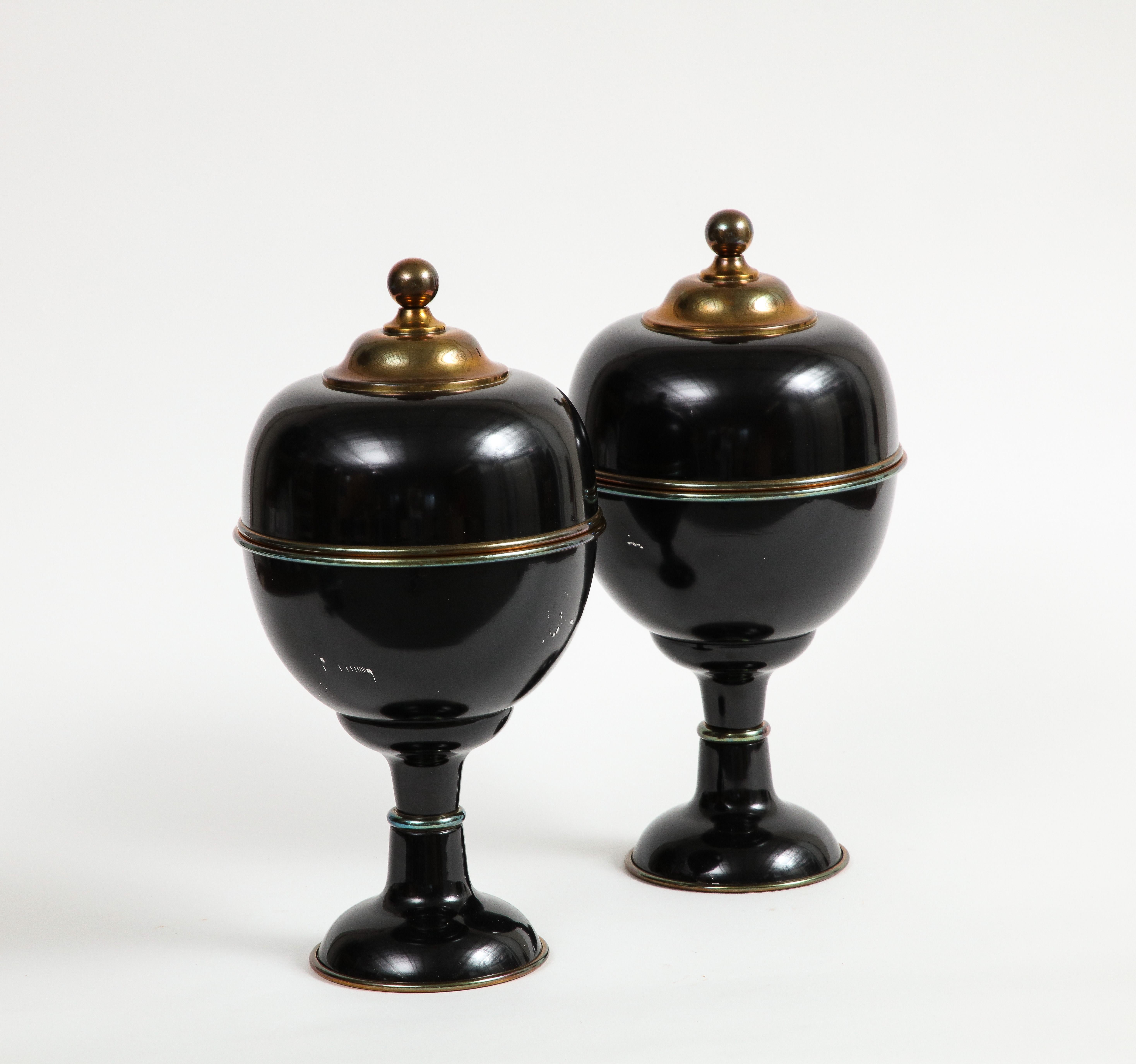 Pair of Large Decorative Black Enamel Urns with Brass Detail For Sale 5