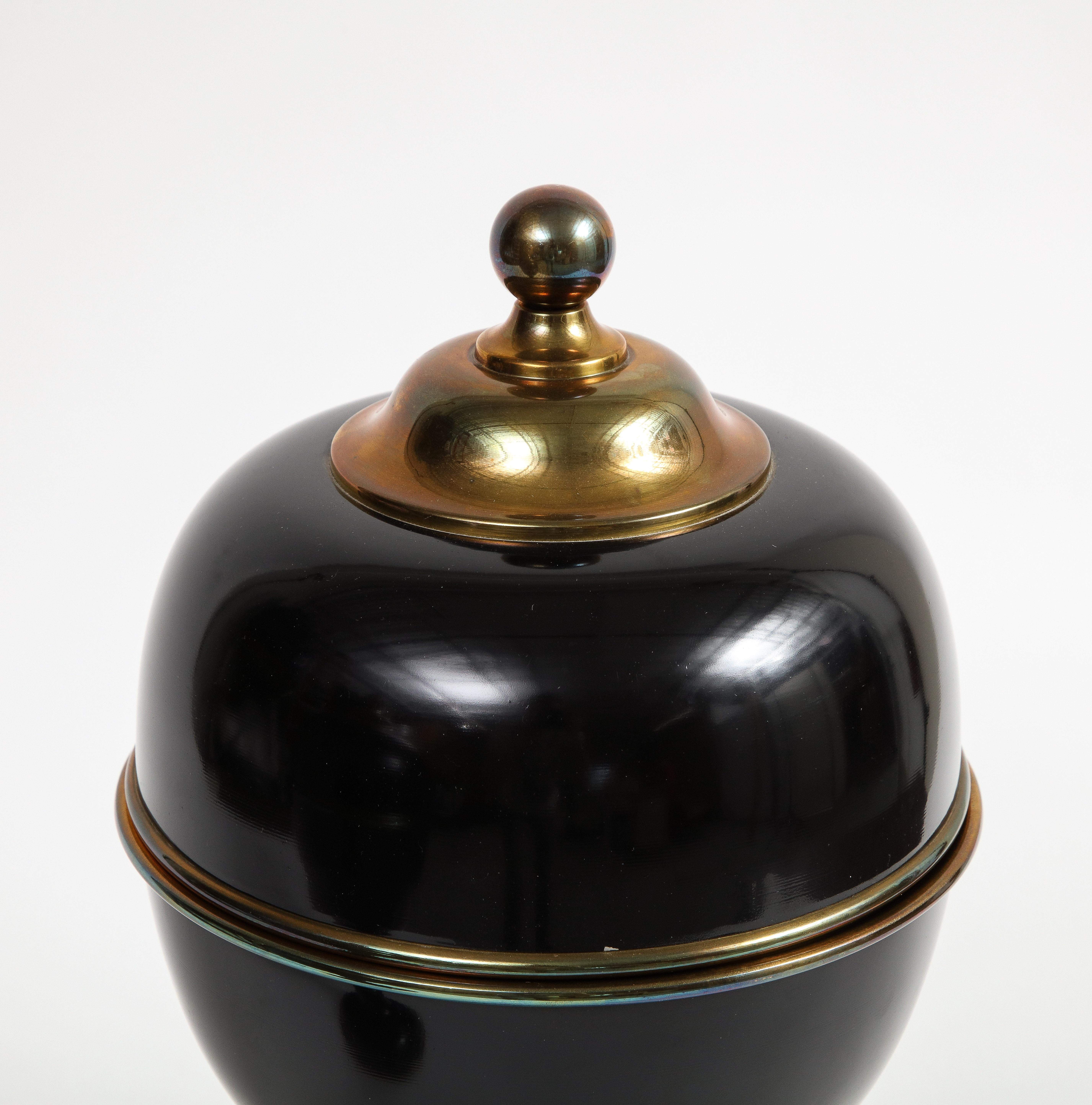 Pair of Large Decorative Black Enamel Urns with Brass Detail For Sale 6