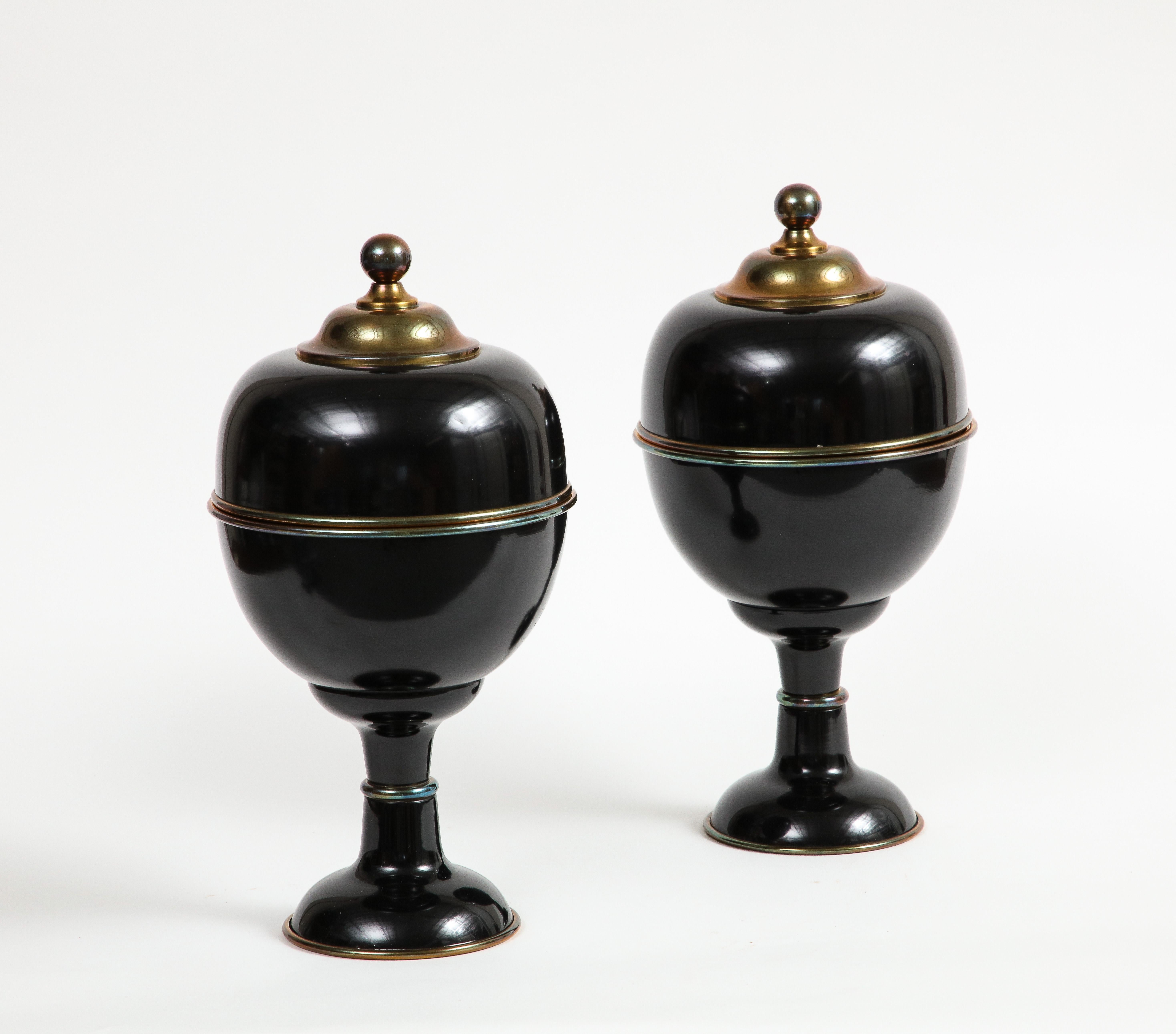 Spanish Pair of Large Decorative Black Enamel Urns with Brass Detail For Sale